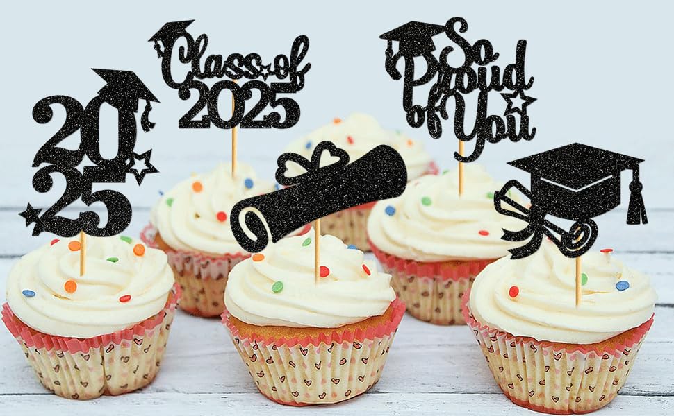 2025 Graduation Cupcake Toppers - 40Pcs Black Glitter Class of 2025 Cupcake Picks - Perfect for Graduation Party Decorations, School Celebrations & Dessert Table Displays