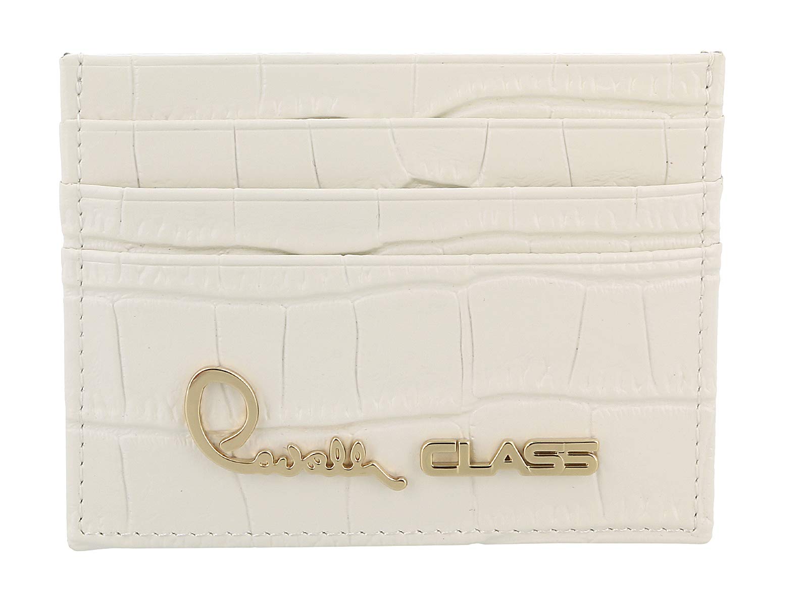 Roberto Cavalli Women's White Embossed Leather Credit Card Holder - Slim Wallet for Everyday Use, Travel & Gift Giving