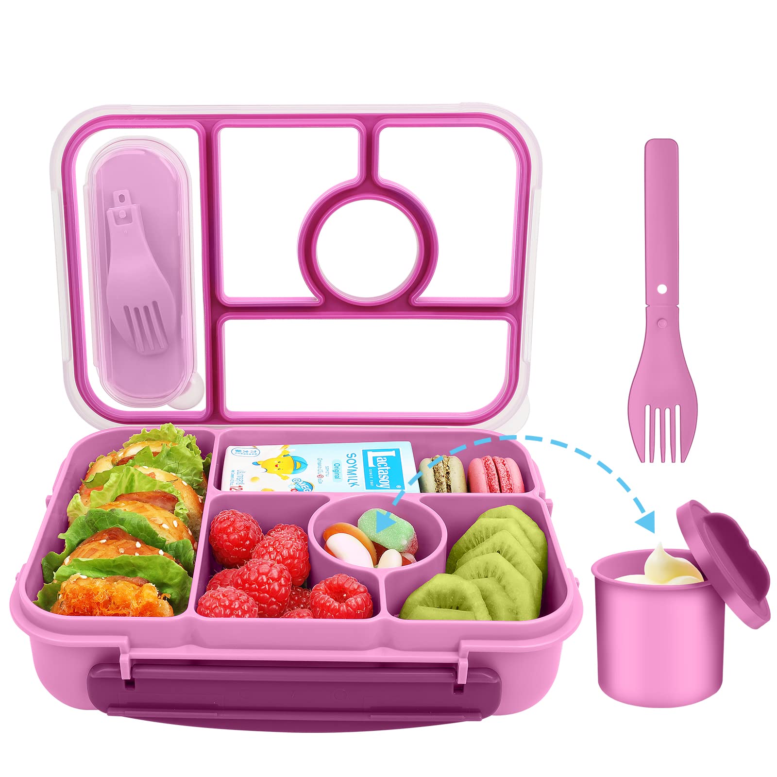 **Kids & Adults Bento Lunch Box - 5 Compartment Microwave Safe Lunch Container with Sauce Containers, Dishwasher & Freezer Safe (Purple) - Perfect for School, Office, Picnics & Travel**