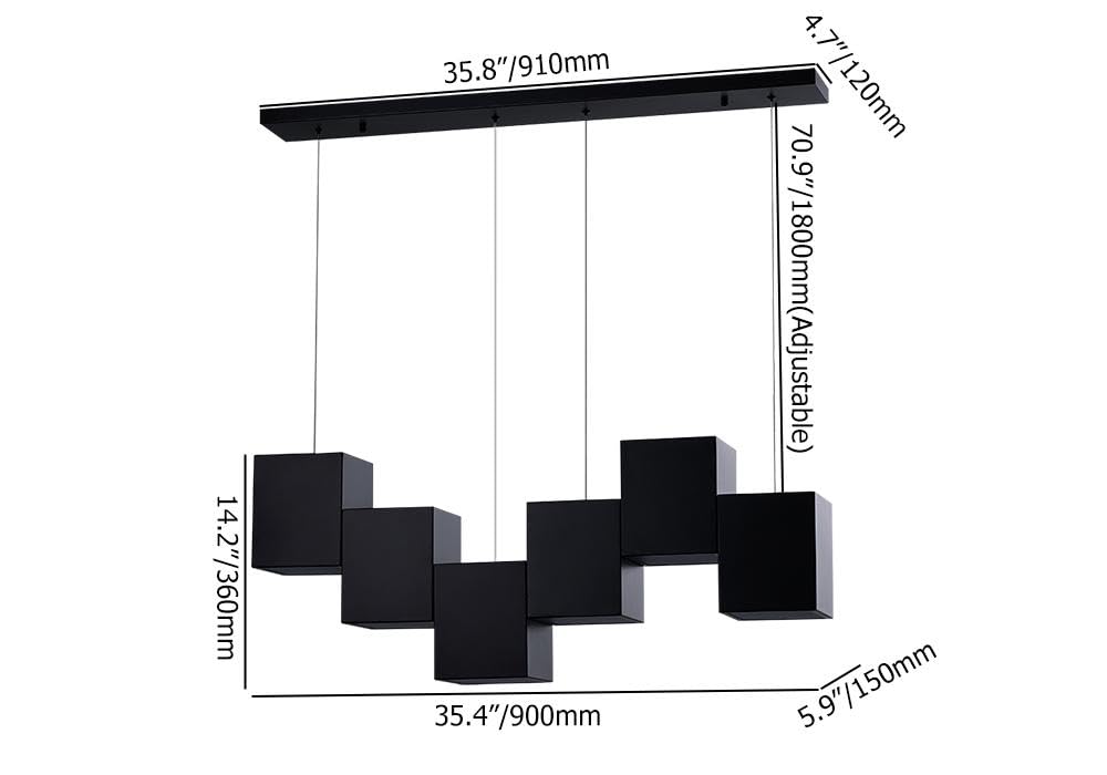 Modern Black Kitchen Island Lighting - 6-Light Square Linear Chandelier for Dining Room & Kitchen Ceiling Hanging Pendant Light - Perfect for Farmhouse, Contemporary Dining Areas & Breakfast Nooks
