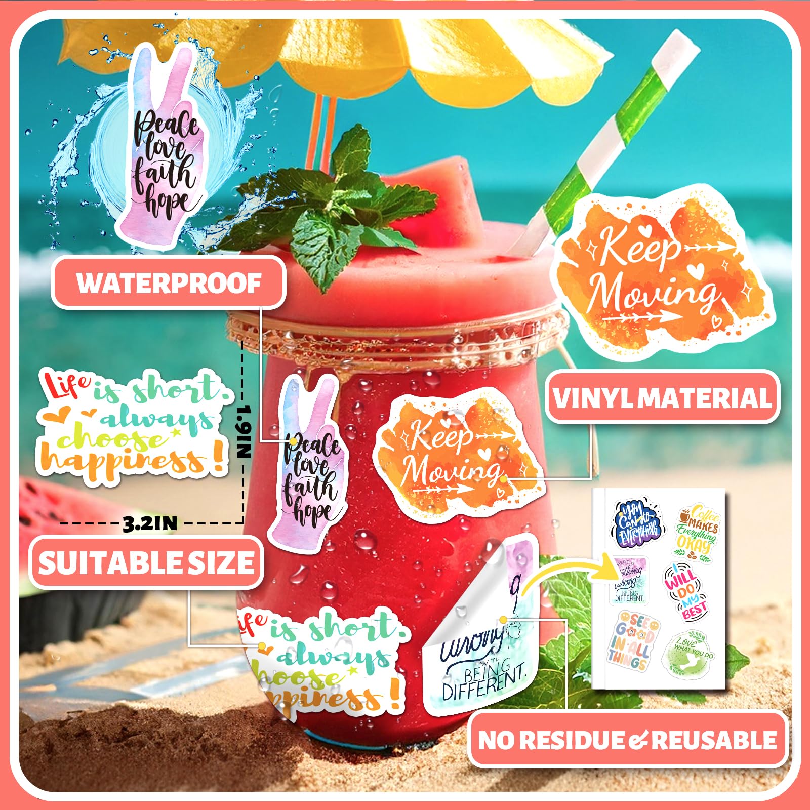 400 PCS Inspirational Motivational Vinyl Stickers - Positive Quote Stickers for Adults & Kids - Waterproof Decals for Laptops, Water Bottles, Journals, Scrapbooks (WM017) - Perfect for School, Office, DIY Crafts & Personalizing Belongings