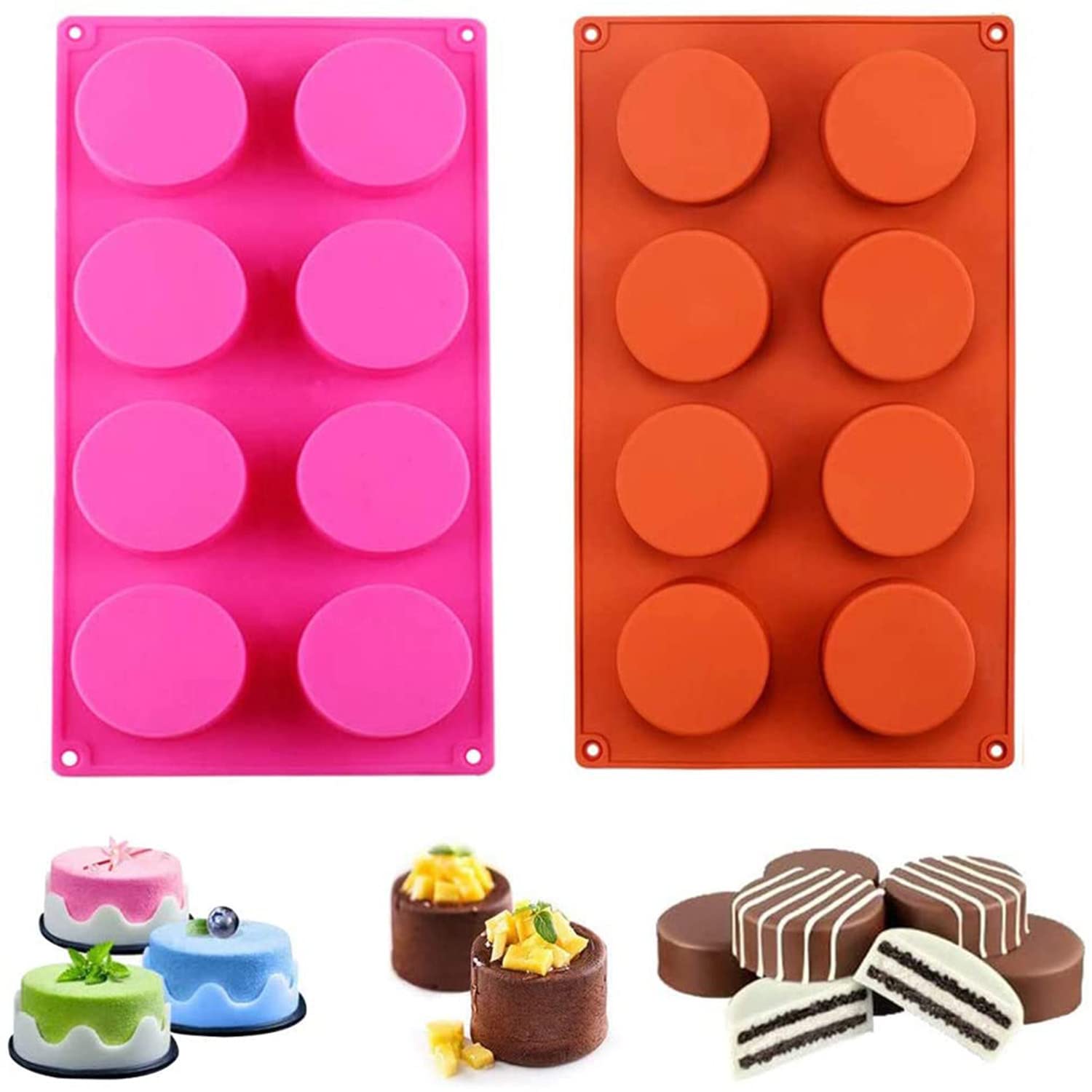 2-Pack Round Silicone Chocolate Cookie Molds - 8-Cavity Baking Molds for Cupcakes, Brownies, Muffins, Cornbread & DIY Soap (Pink/Brown) | Perfect for Holiday Baking, Party Treats & Homemade Desserts