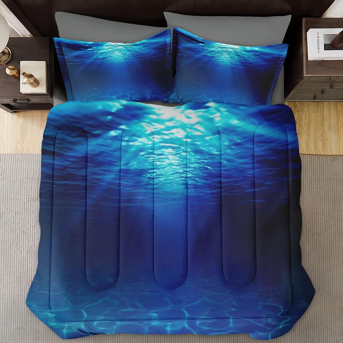 Queen Size Comforter Set - Soft Underwater Ocean Blue Bedding for Kids & Adults | Includes 2 Pillowcases | Perfect for Bedroom Decor & Coastal Themed Rooms