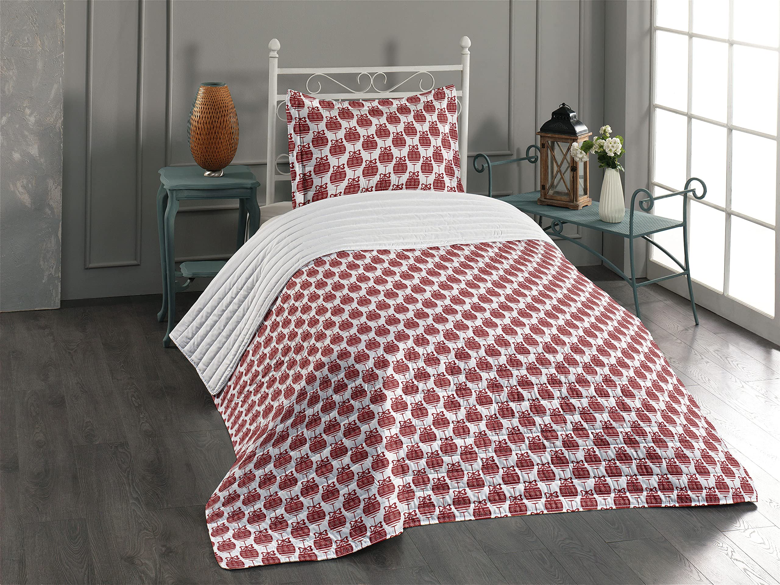 Ambesonne Geometric Microfiber Bedspread Set - Christmas Ornament Design in Vibrant Ruby & White Colors - Soft Twin Size Bedding with Pillow Sham & Comforter - Perfect for Holiday Decorations and Cozy Winter Bedrooms