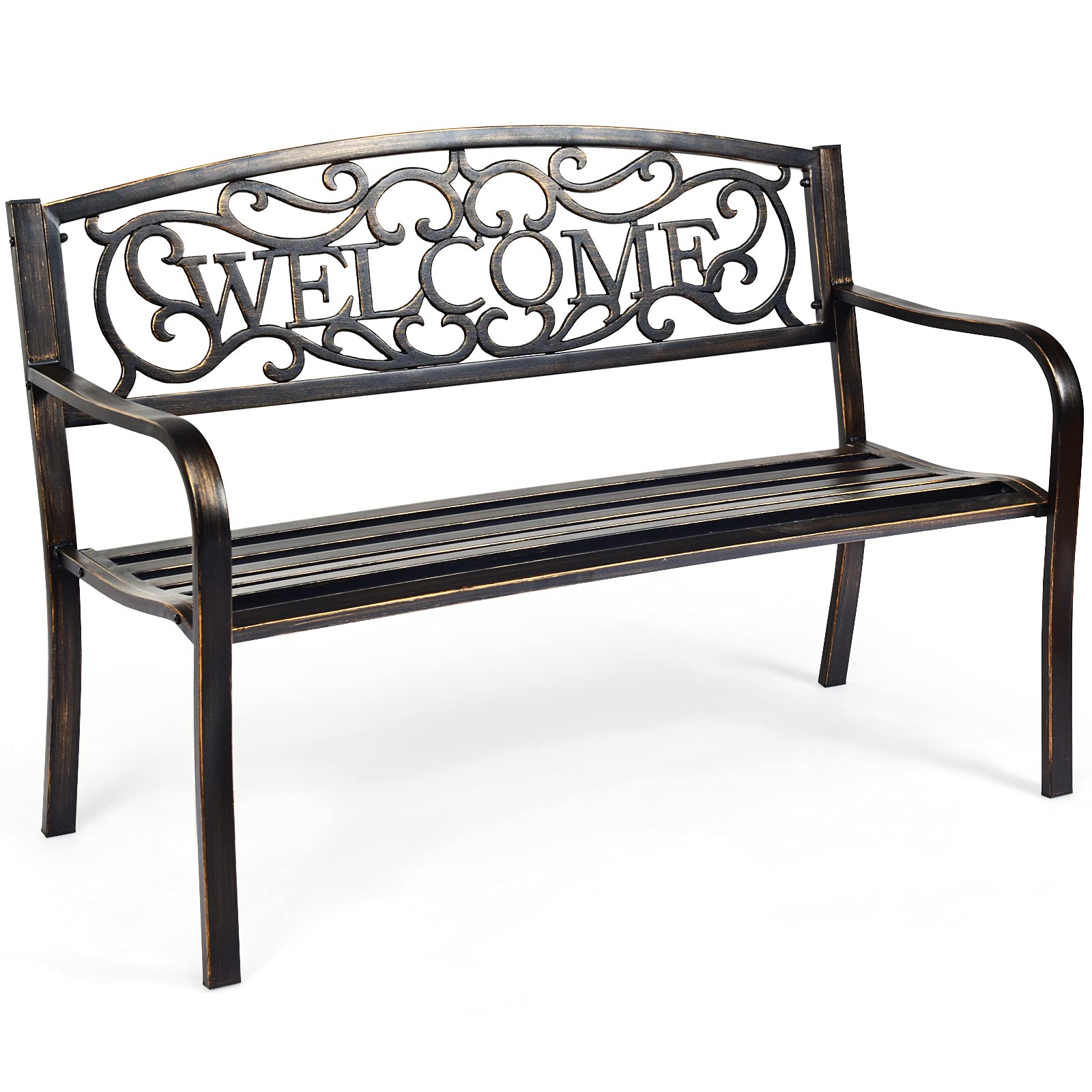 Tangkula 50 Inch Outdoor Steel Garden Bench - Rust-Resistant Park Bench with Slatted Seat & Floral Backrest, Heavy-Duty Cast Iron Patio Bench for Backyard, Garden, Porch, and Public Parks - Perfect for Outdoor Relaxation and Decoration