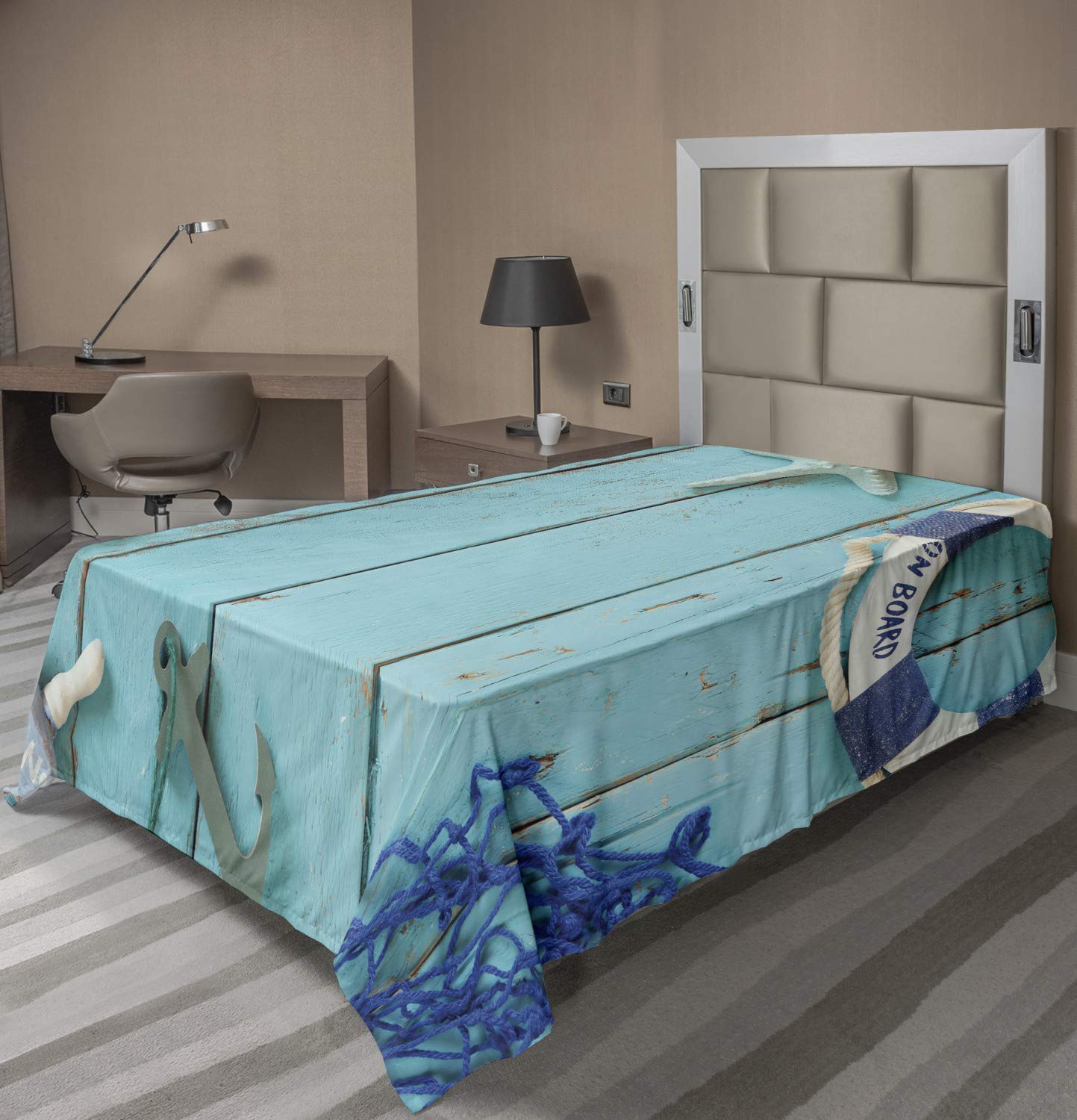 Ambesonne Nautical Twin Flat Sheet - Vintage Steering Wheel & Stars Design, Soft Comfortable Decorative Top Sheet, Turquoise Navy Blue - Perfect for Coastal Themed Bedrooms & Guest Rooms