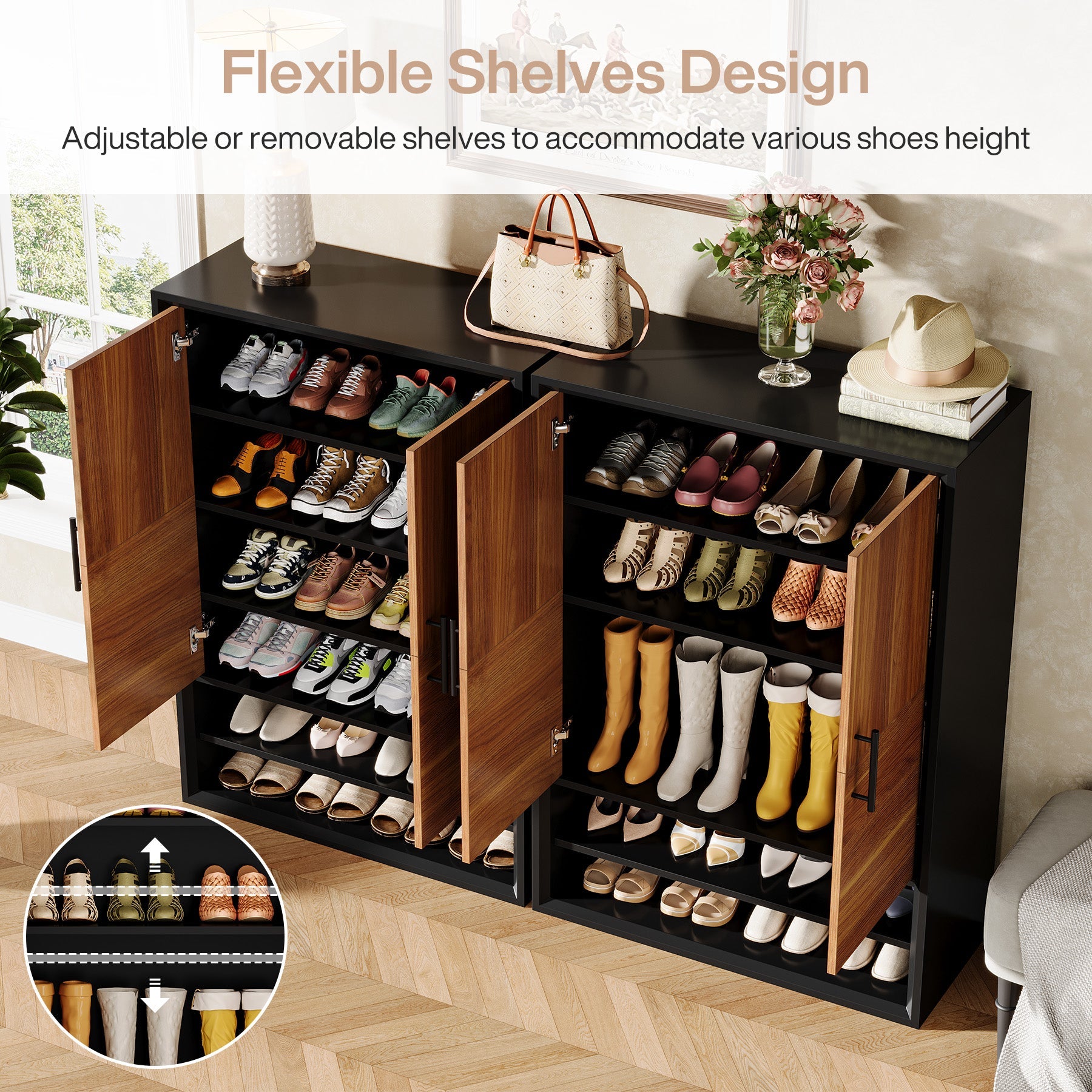 43 Inch Shoe Cabinet with 6 Tier Adjustable Shelves & Doors - Space Saving Shoe Storage Organizer for Entryway, Closet, or Bedroom