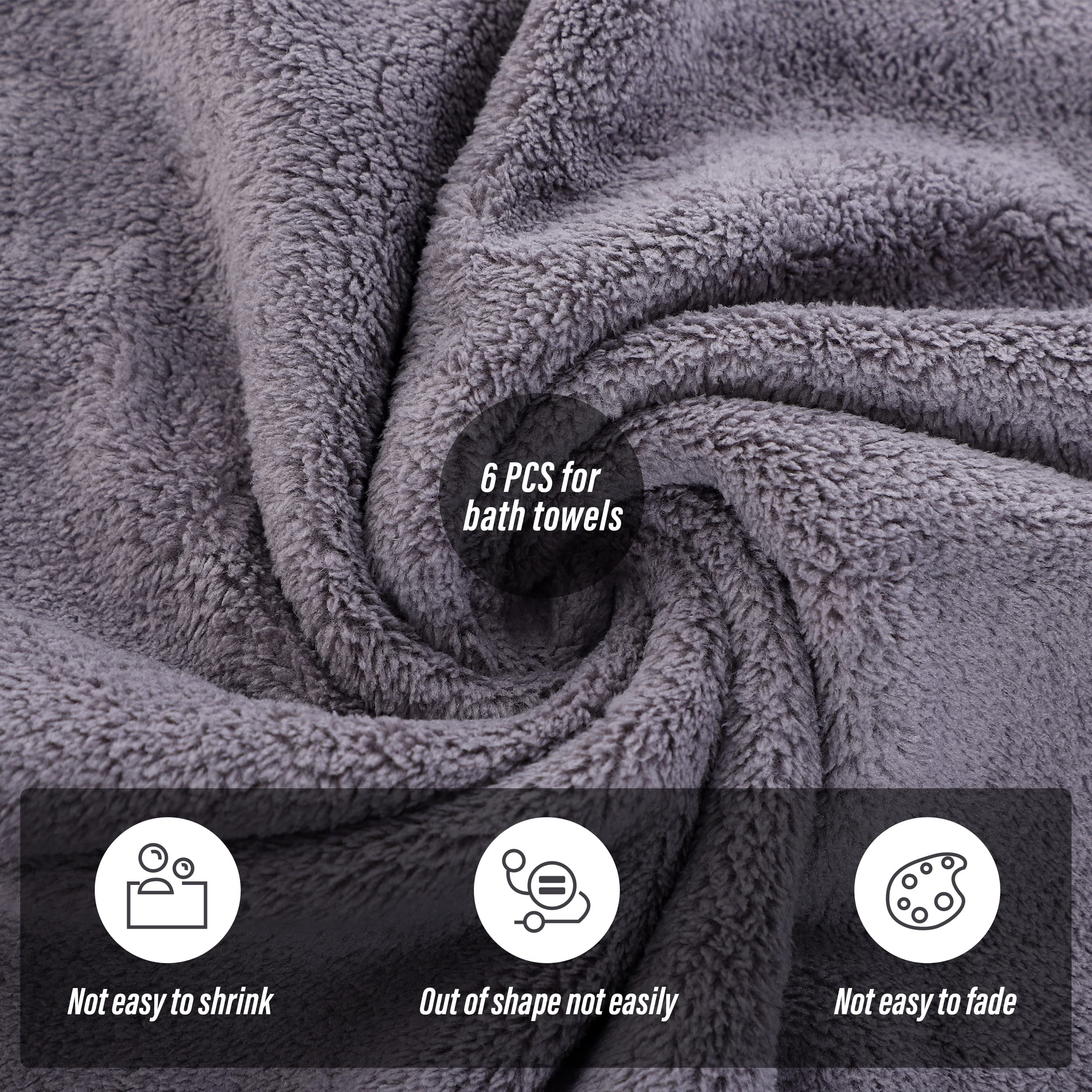 MOONQUEEN 6 Pack Premium Quick Dry Microfiber Bath Towels - Super Absorbent Coral Velvet Towel Set for Bathroom, Gym, Yoga, Spa & Beach - Soft Luxury Towels for Shower, Swimming & Sports (Grey)
