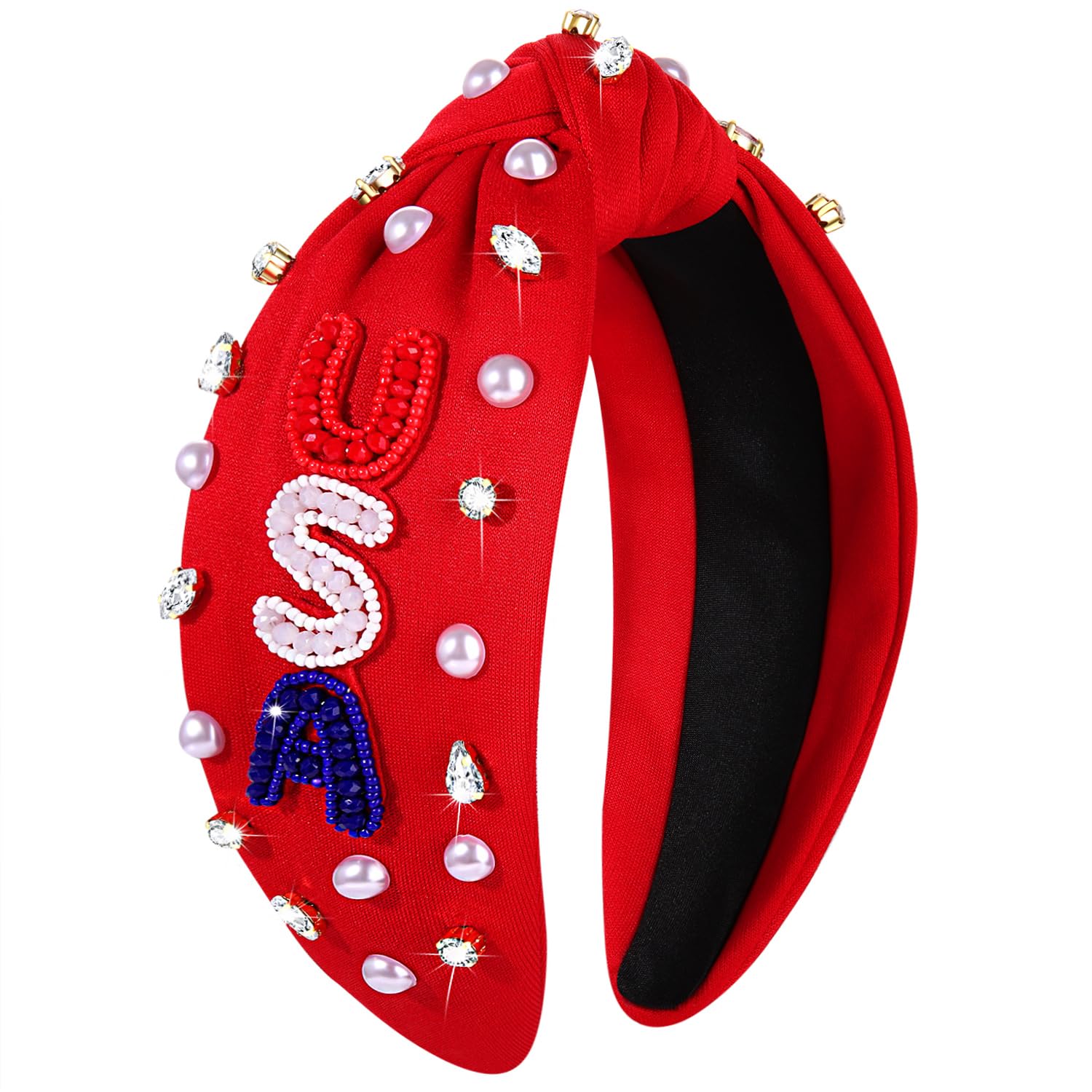 Elegant Crystal Pearl Knotted Headbands - Patriotic Hair Accessories for Women | American Flag Themed Outfits for Independence Day & Memorial Day | Perfect for 4th of July Celebrations, Summer Parties & Patriotic Events (USA-Red)