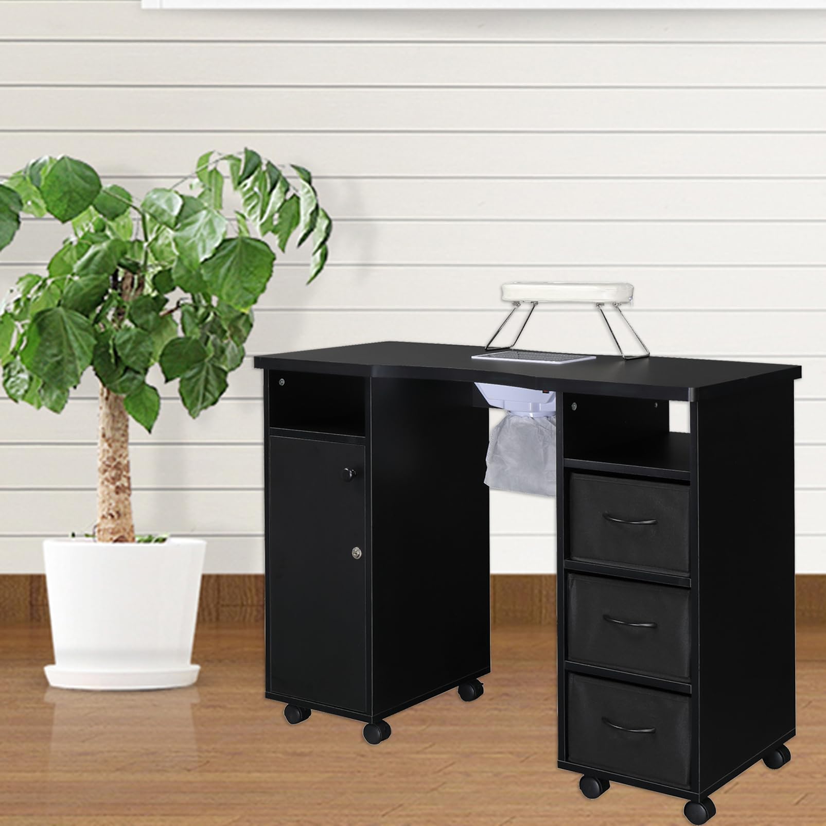 Professional Manicure Table Nail Desk with 3 Drawers, 1 Door, Dust Collector & Arm Rest Cushion - Wooden Beauty Salon Vanity Table for Spa, Home & Nail Technician Workstation - Perfect for Nail Art, Pedicures & Professional Manicures (Black)