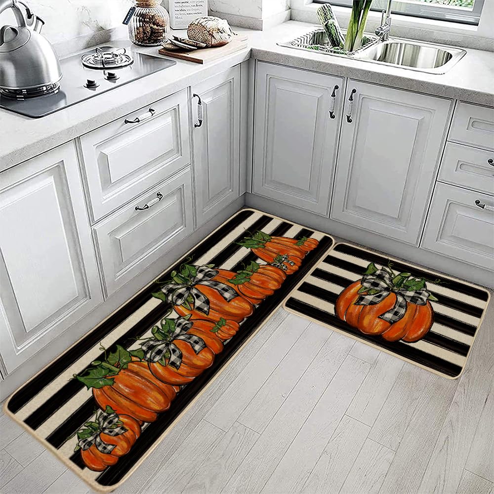GEEORY Fall Kitchen Mats Set of 2 - Striped Pumpkin Bowknot Non-Slip Floor Mats for Farmhouse Decor, Thanksgiving & Holiday Season, 17x29 & 17x47 Inch (Striped) GK068 - Perfect for Entryway, Living Room & Seasonal Home Decor