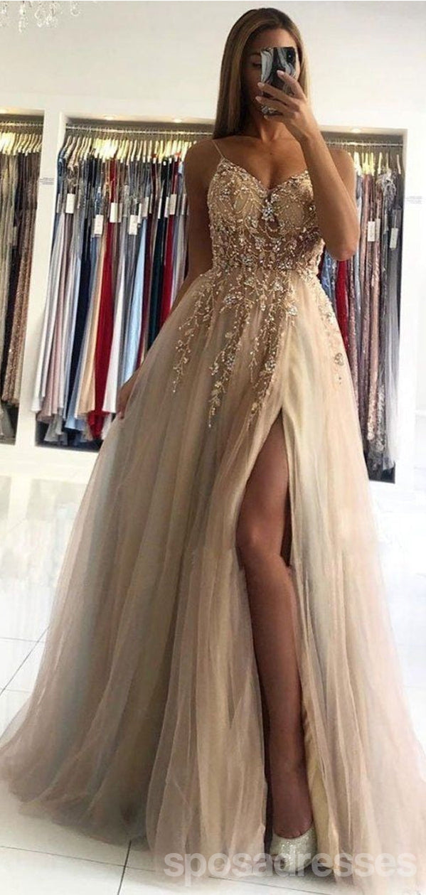 Elegant Champagne A-Line Spaghetti Straps High Slit Long Prom Dresses for Women – Perfect for Homecoming, Formal Events & Evening Parties | Style 12875