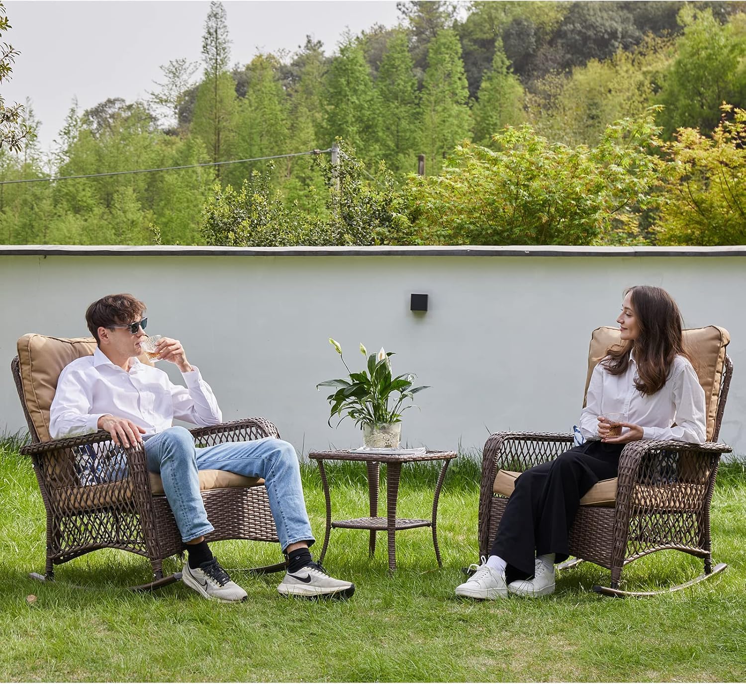 Outdoor Wicker Rocking Chair with Thick Cushions - Patio Furniture Set for Porch, Backyard & Garden - Comfortable Khaki Rocker (1 Pack) - Perfect for Relaxing, Reading & Enjoying Nature