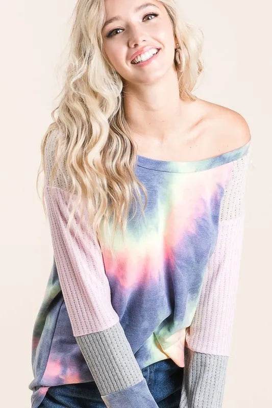 BiBi Tie Dye Terry Top with Color Block Pointelle Knit | Women's Casual Short Sleeve Shirt | Perfect for Summer Outings, Beach Vacations & Music Festivals