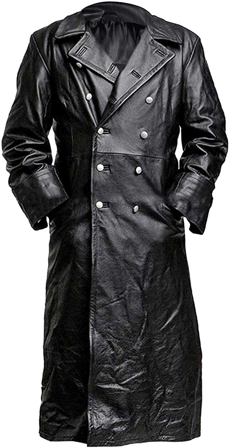 Vintage German Officer WW2 Military Style Black Leather Trench Coat for Men - Classic Long Coat for Historical Reenactment, Cosplay & Cold Weather Fashion