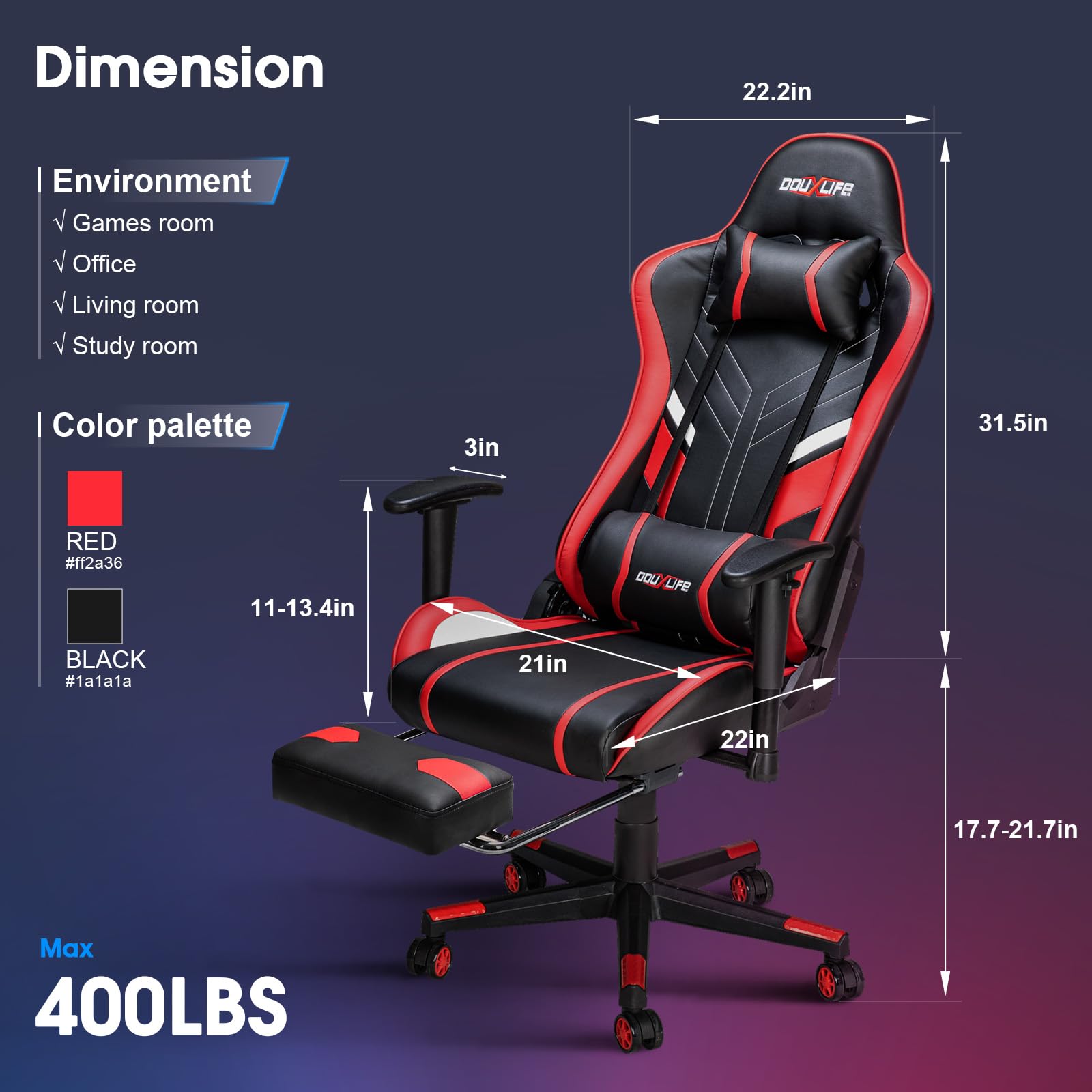 7-Point Massage Gaming Chair with Footrest - 175° Reclining Ergonomic Office Computer Chair, High Back Video Game Chair with Lumbar Support (Red) - Perfect for Home Office, Gaming Setup & Relaxation