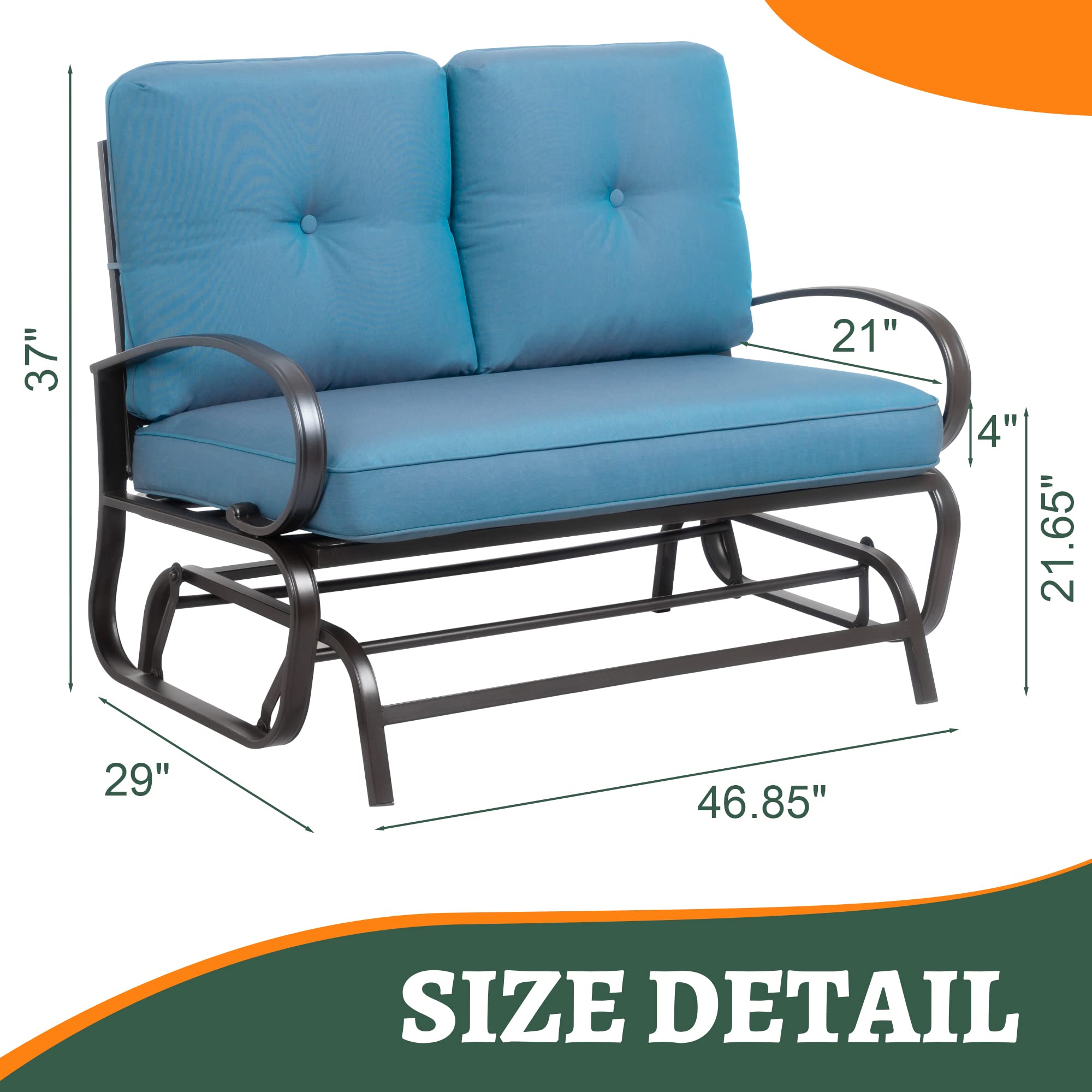 Shintenchi Outdoor Patio Metal Swing Glider Bench - 2-Person Rocking Chair Loveseat, Wrought Iron Patio Furniture with Steel Frame & Cushion Set - Perfect for Porch, Balcony, Garden, Backyard (Blue)