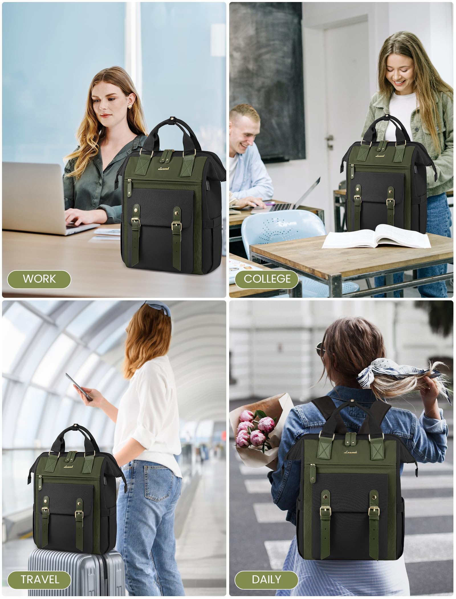LOVEVOOK 15.6 Inch Laptop Backpack for Women - Waterproof Work Travel Backpack with Wide Opening, Professional Nurse Teacher Doctor Business Bag, College School Backpack (Black-Army Green) - Perfect for Office Commute, Business Trips & Campus Life