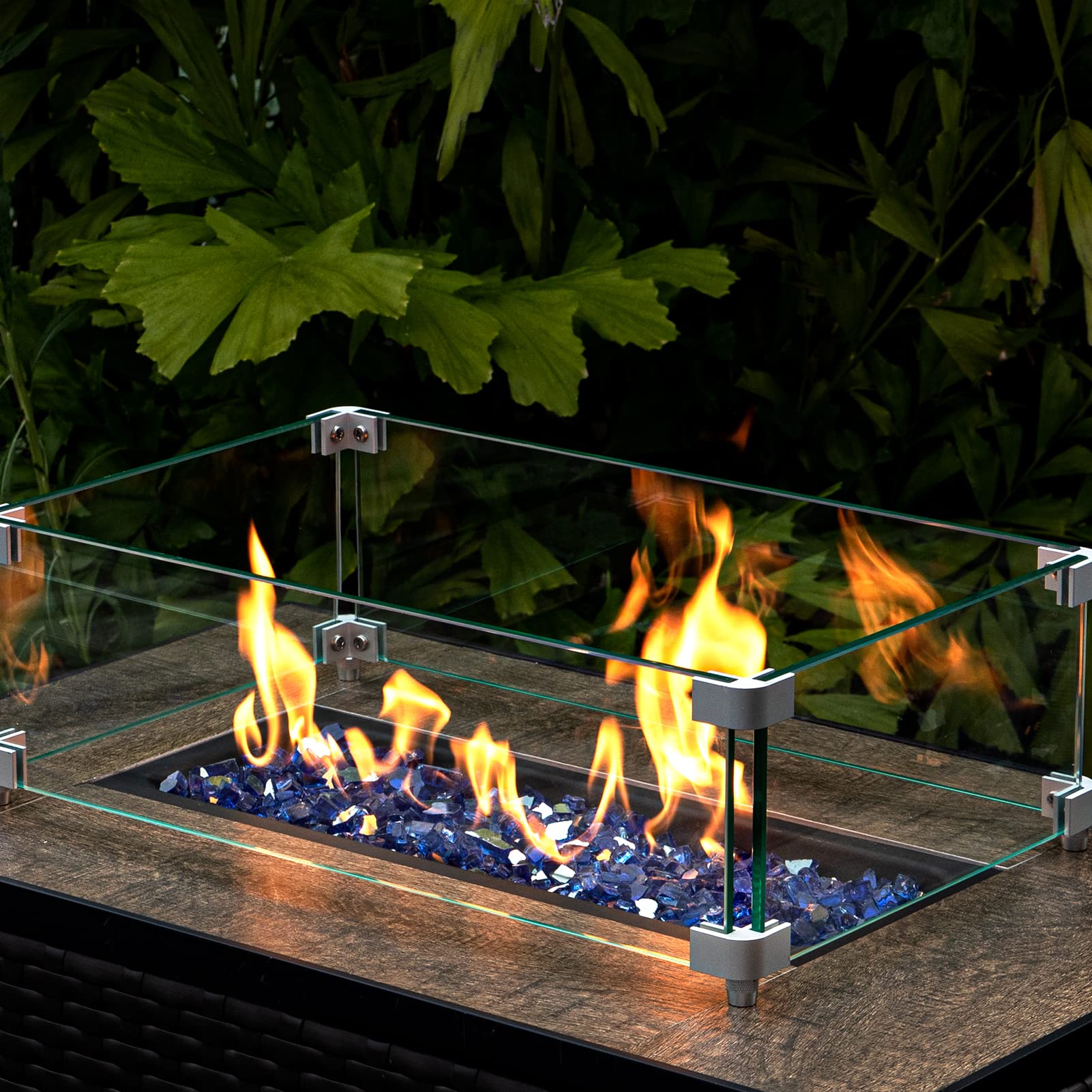 GASPRO 41.5 x 11.5 Inch Wind Guard for Fire Pit with 10 lbs 1/2-Inch Cobalt Blue Fire Glass - Perfect for Outdoor Patio, Backyard Fireplace, and Camping Accessories