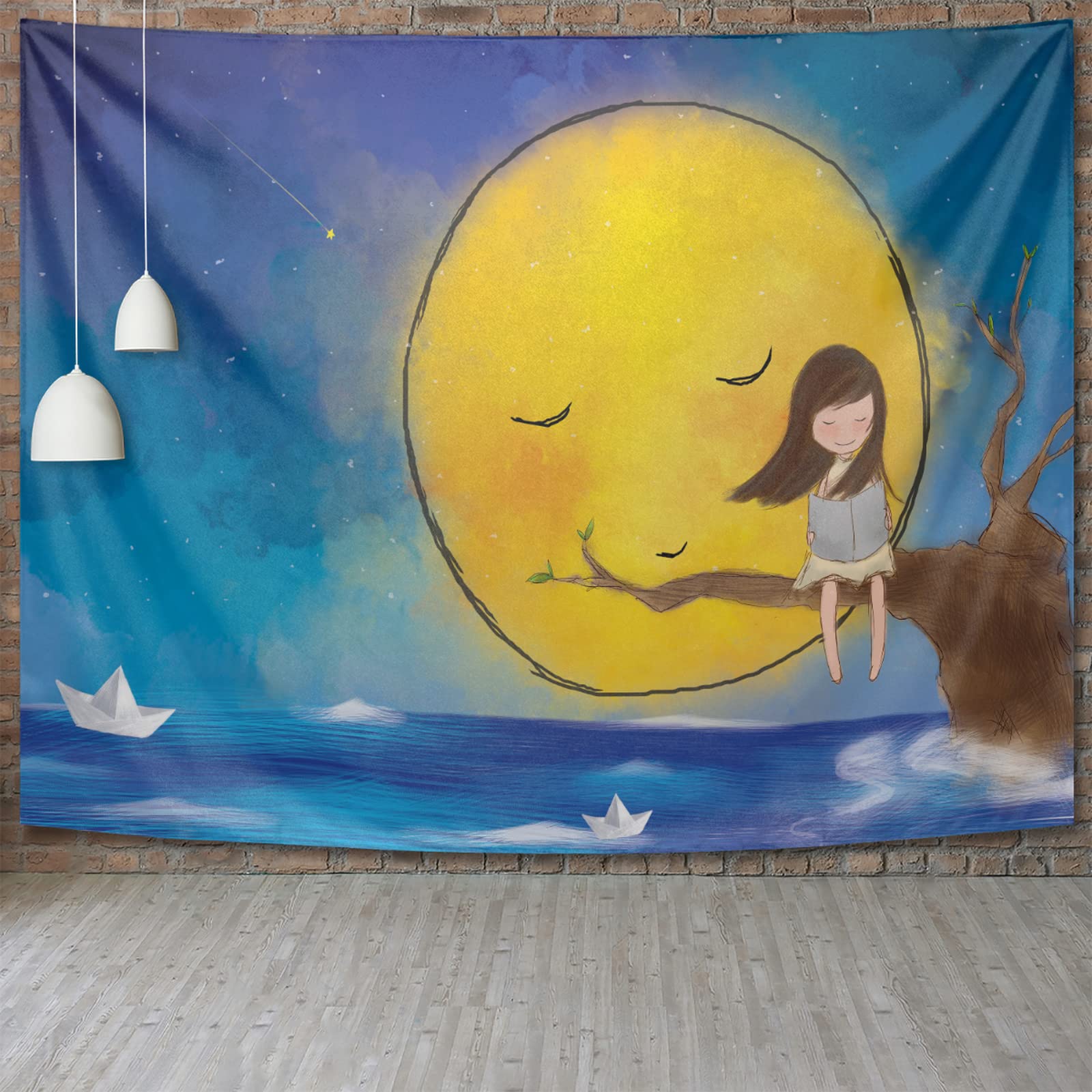 Moon Girl Oil Painting Wall Tapestry - Aesthetic Home Decor for Bedroom, Living Room, Dorm & Yoga Studio | Durable Fabric Wall Hanging Art for Boho, Hippie & Funny Room Decoration
