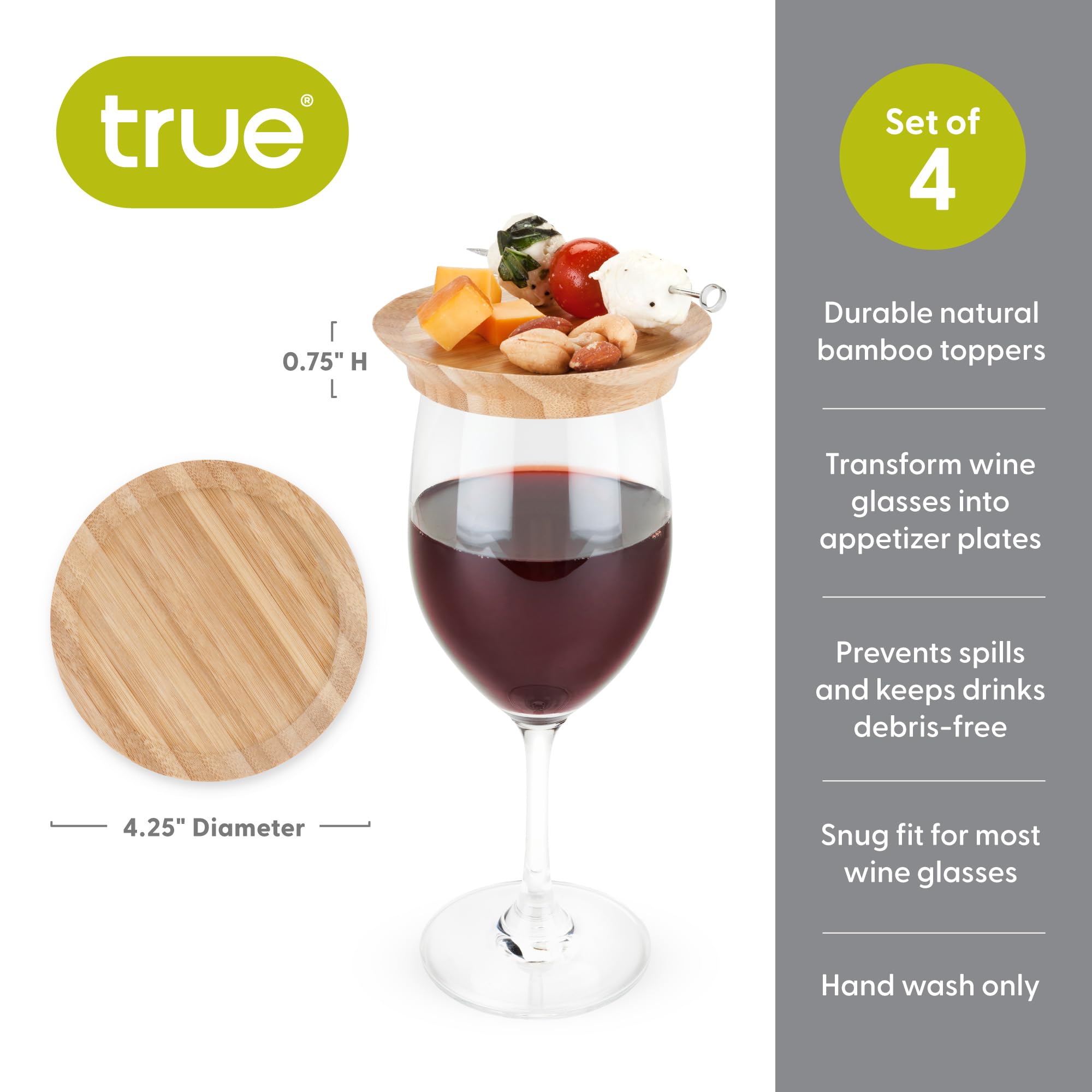 Eco-Friendly Bamboo Appetizer Plates & Wine Glass Covers Set of 4 - Natural Wooden Cocktail Plates, Cup Toppers for Parties, Weddings & Home Entertaining