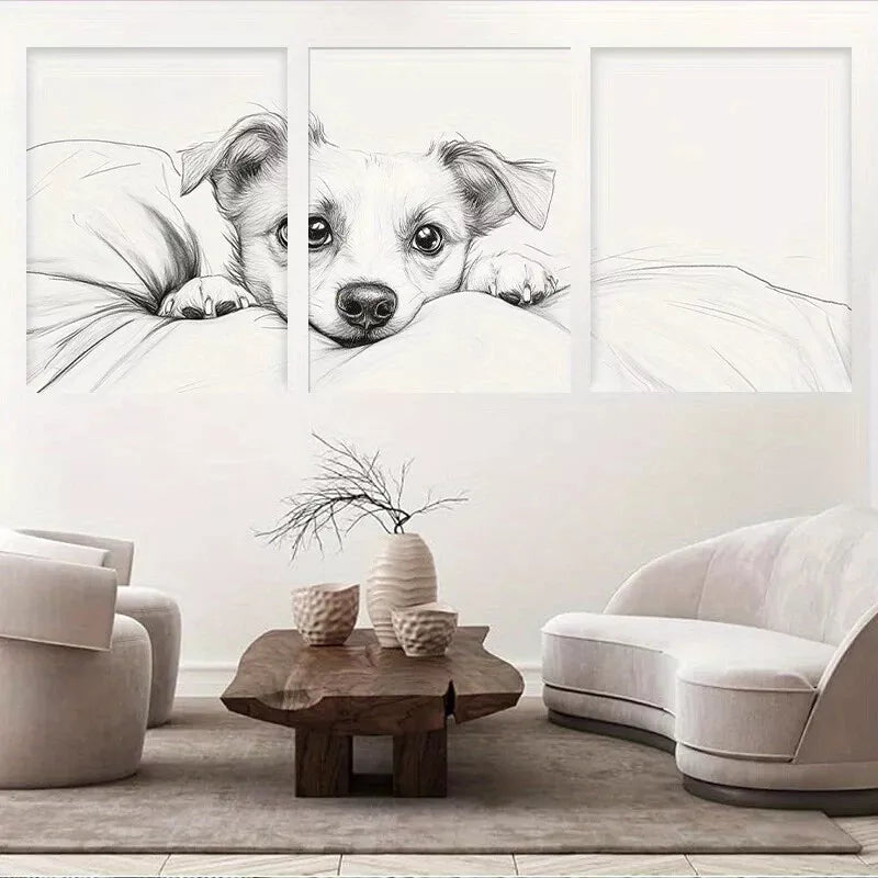 3-Piece Adorable Puppy Black and White Sketch Wall Art Set - Framed Canvas 40x60cm (16x24in) - High Quality Print - 100% Australian Made - Ready to Hang - Perfect for Living Room, Bedroom, or Office Decor
