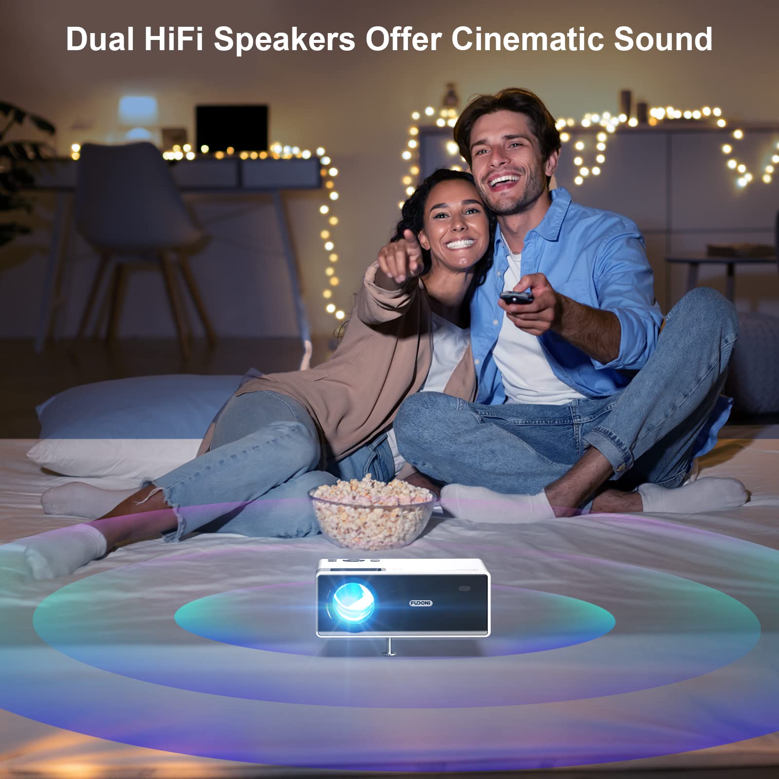 FUDONI WiFi Bluetooth Projector, 4K Supported 18000L HD 1080P Portable Outdoor Movie Projector, 300