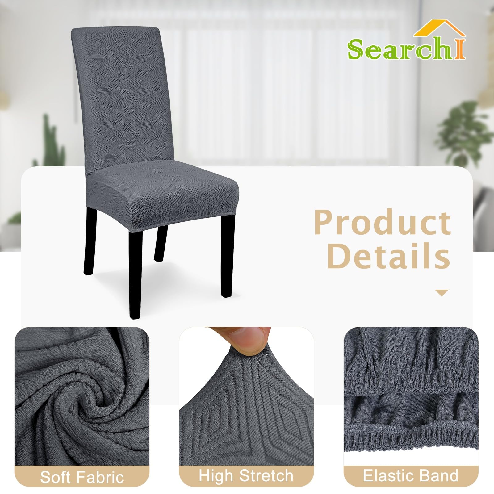 Stretchable Jacquard Dining Room Chair Covers Set of 6 - Washable Parsons Chair Slipcovers, Removable Kitchen Chair Protectors for Home, Hotel & Wedding Ceremony (Grey) - Perfect for Dining Room Decor, Restaurant Seating & Event Furniture Protection