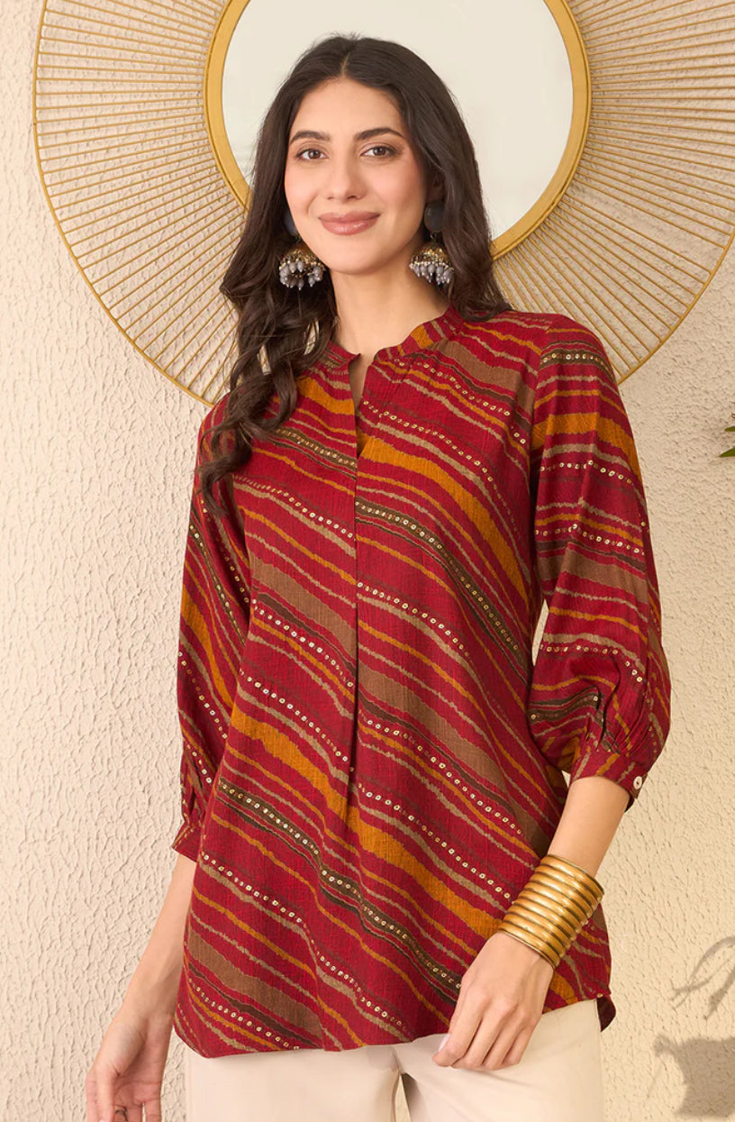 Stylish Red Cotton Blend Leheriya Printed Tunic Top for Women | Comfortable Casual Wear | Perfect for Summer Outfits, Beach Vacations & Boho Fashion