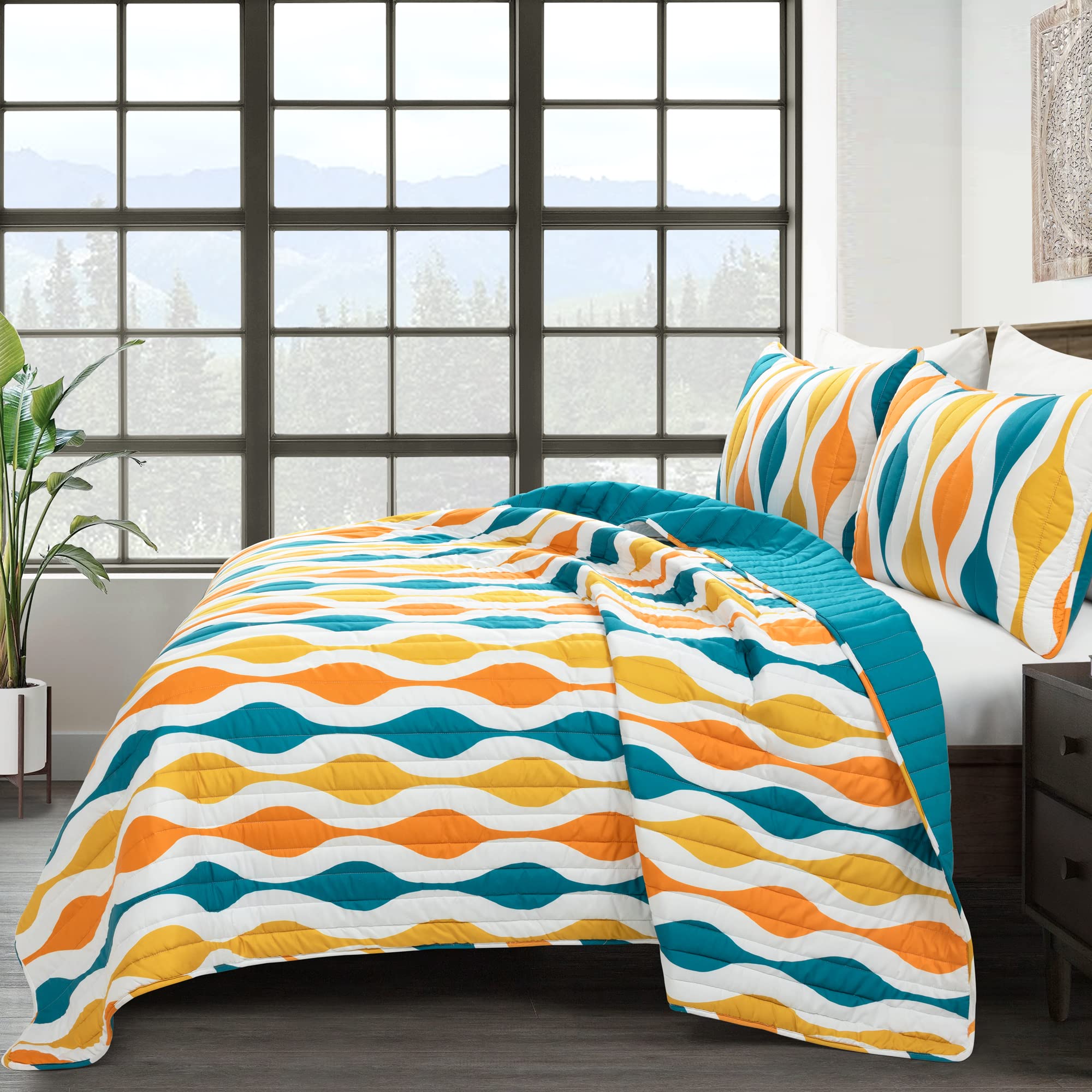 Mid Century Geo Quilt Set - Full/Queen, Turquoise & Orange for Modern Bedroom