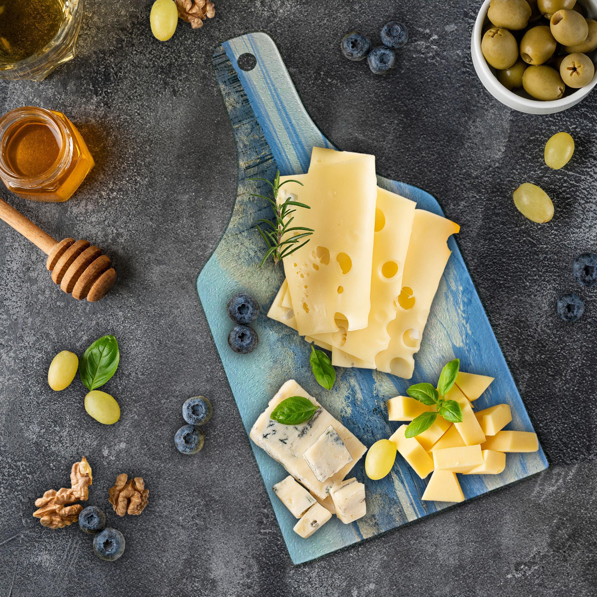Ambesonne Farmland Tempered Glass Cutting Board - Winter Snow Valley with Oak Borders, Pine Trees & Frozen Pasture Art - Decorative Serving Board for Kitchen, Charcuterie & Wine Bottle Display - White & Blue Design for Holiday Entertaining & Home Decor