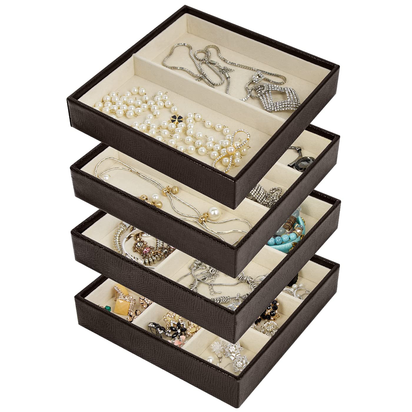 Stackable Jewelry Trays - Earring Ring Necklace Organizer for Dresser Drawer - MK220-1ABCD - Perfect for Bedroom Closet Storage