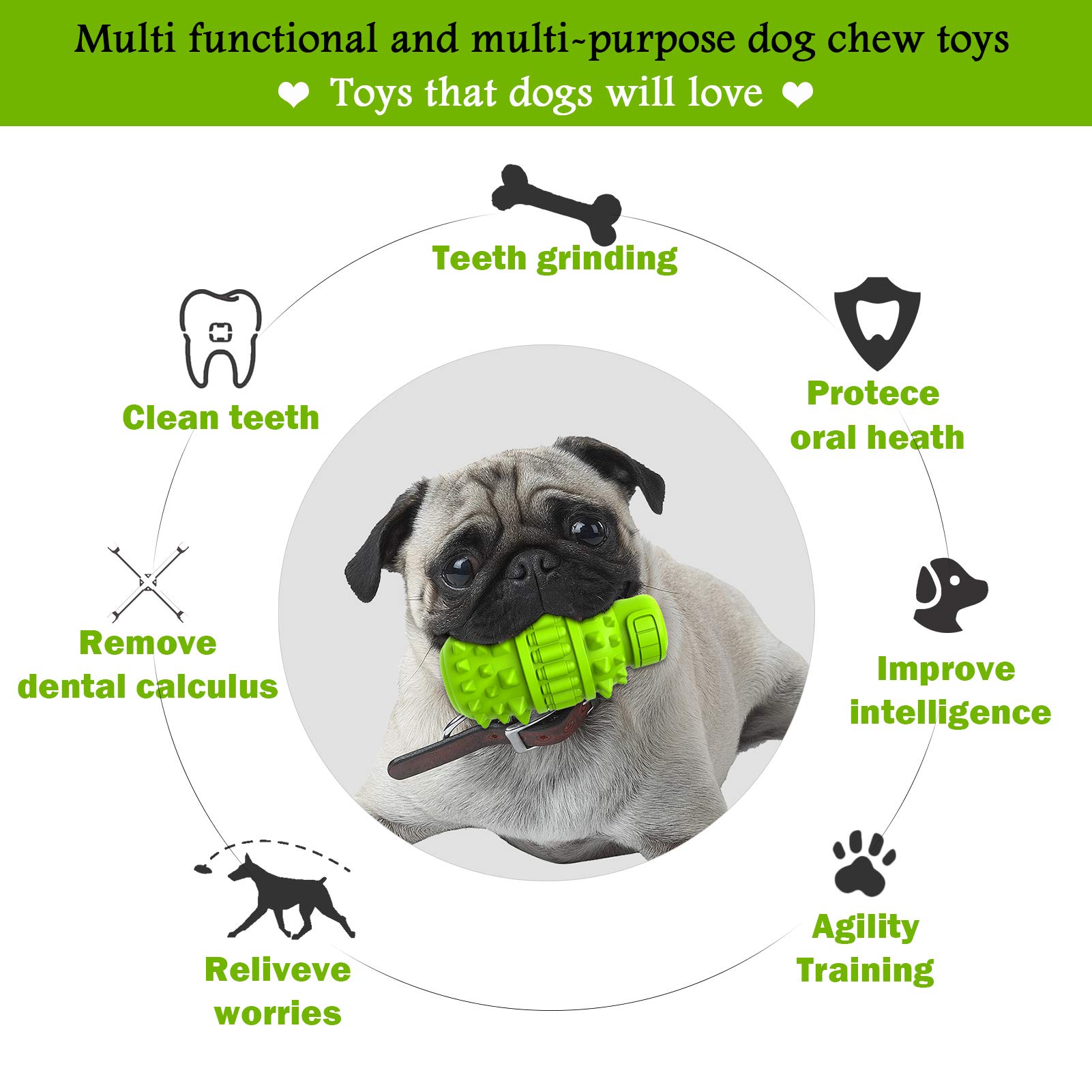 Natural Rubber Dog Chew Toy for Large & Medium Breeds - Super Durable Interactive Squeaky Toy for Aggressive Chewers, Dog Toothbrush & Birthday Gift (Green, Large) - Perfect for Playtime, Training & Dental Health