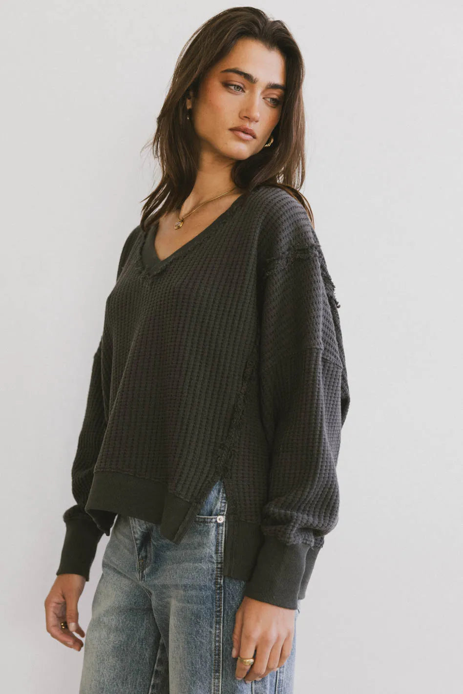 Ellis Waffle Knit Top Women's Long Sleeve Thermal Shirt in Charcoal Grey - Cozy Winter Layering Piece for Casual Outfits & Outdoor Activities