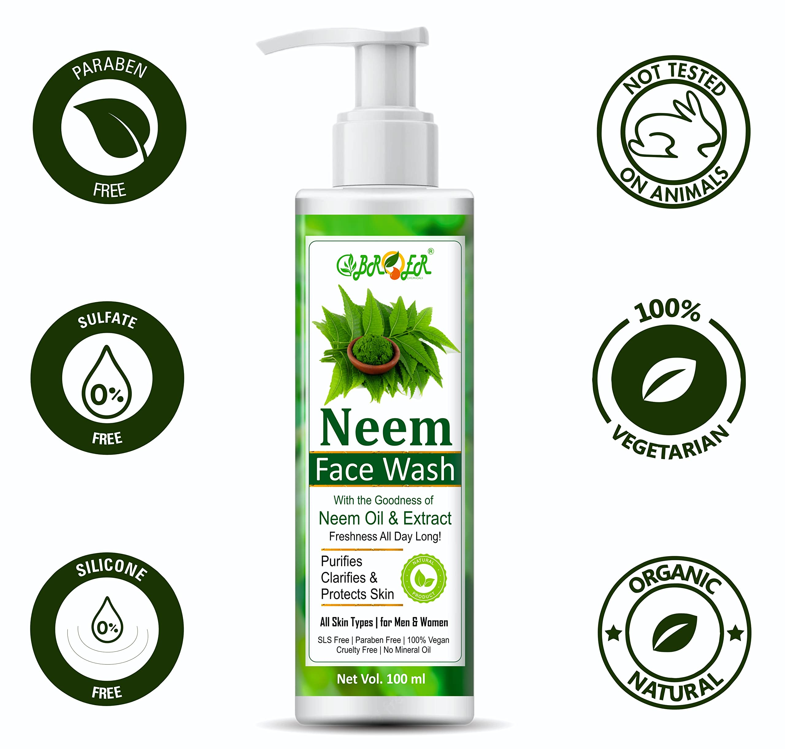 BROER Neem Face Wash 100ml & Neem Body Wash 200ml - Natural Neem & Turmeric Formula for All Skin Types | Sulfate-Free, Paraben-Free | Acne Treatment & Daily Skincare Routine