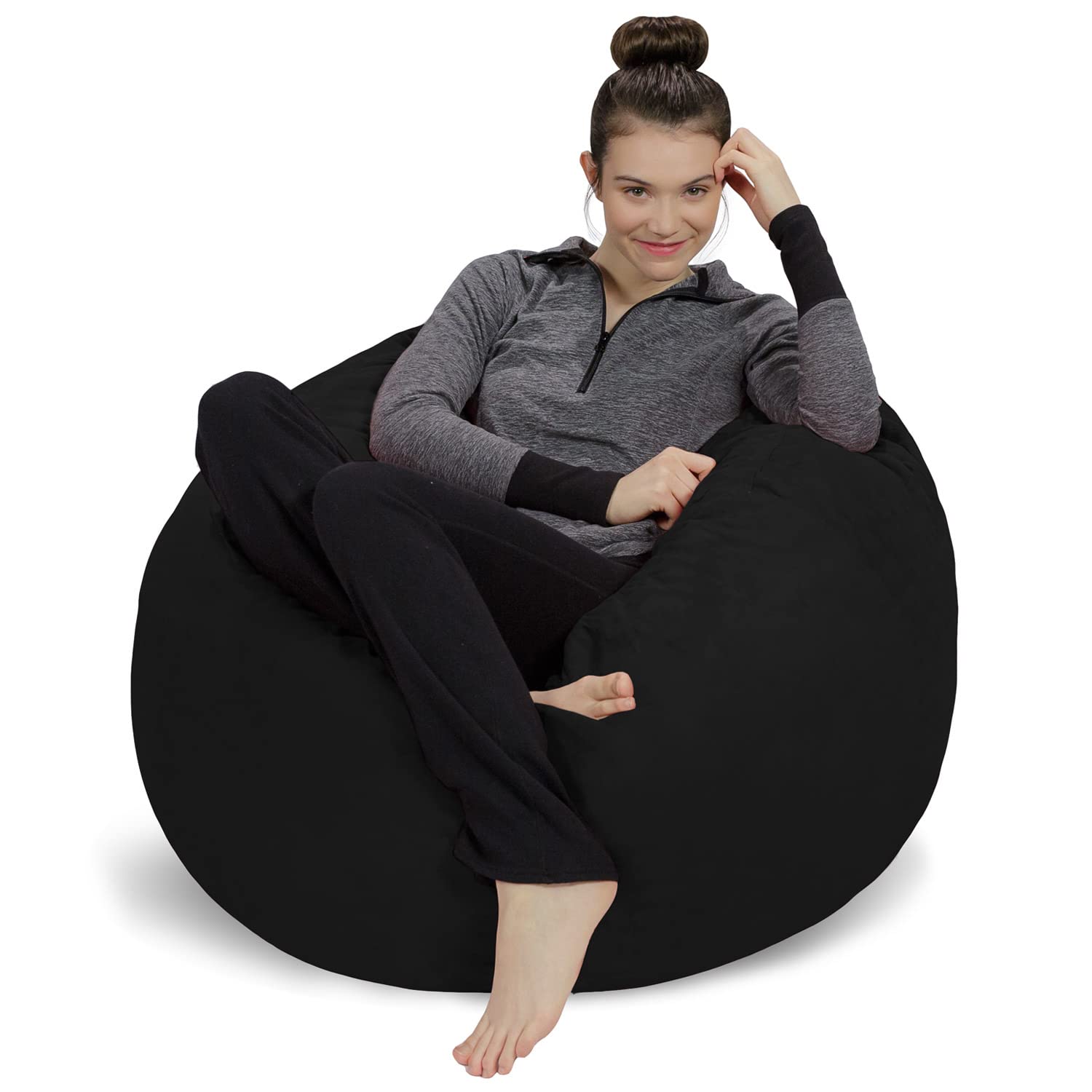 3' Memory Foam Bean Bag Chair with Soft Microfiber Cover - Comfortable Sofa Sack for Living Room, Bedroom & Game Room - Midnight Black - Perfect for Relaxing, Lounging & Gaming