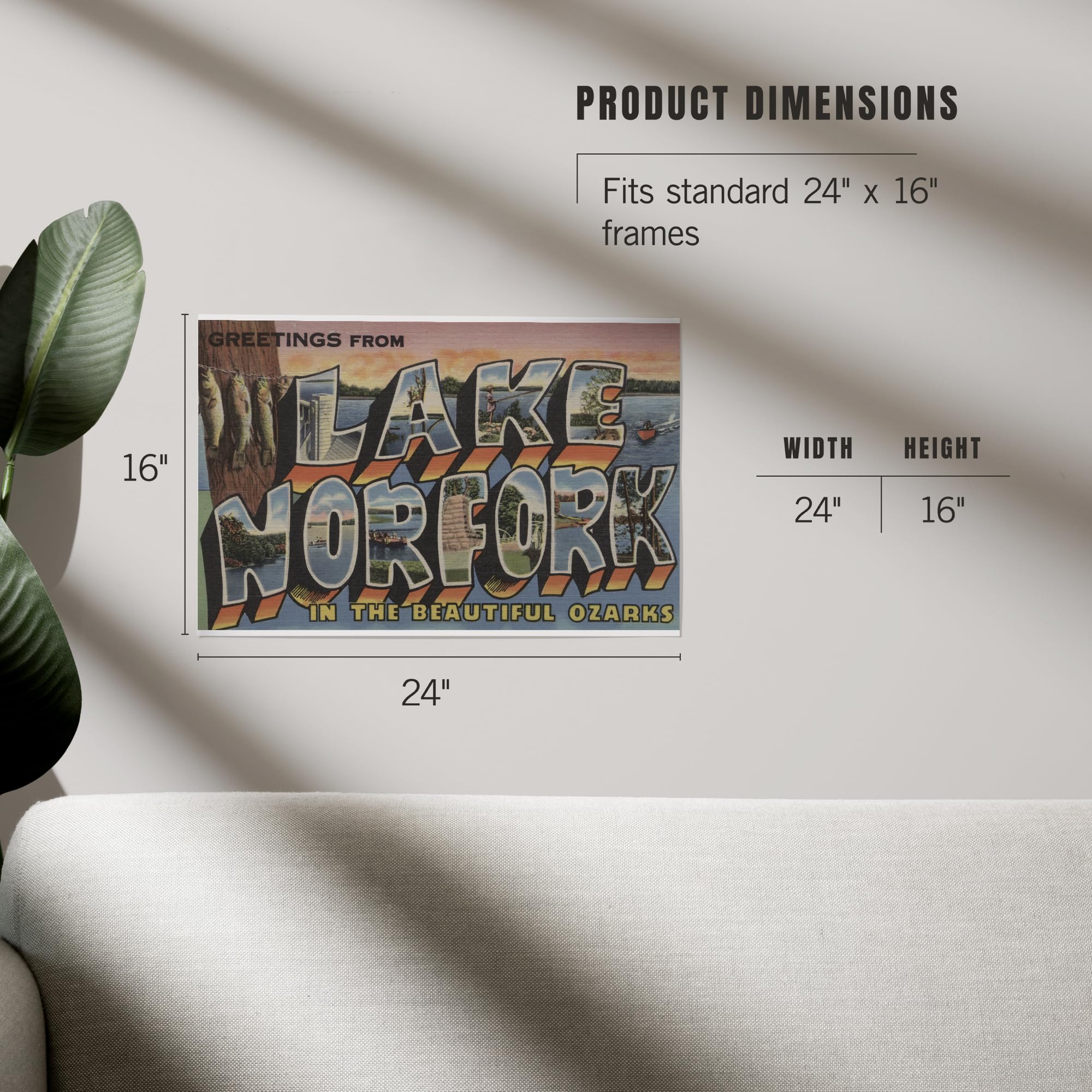 Lantern Press 16x24 Inch Giclee Art Print - Lake Norfork Arkansas Landscape Wall Decor with Large Letter Scenes | Perfect for Living Room, Bedroom & Office Wall Art