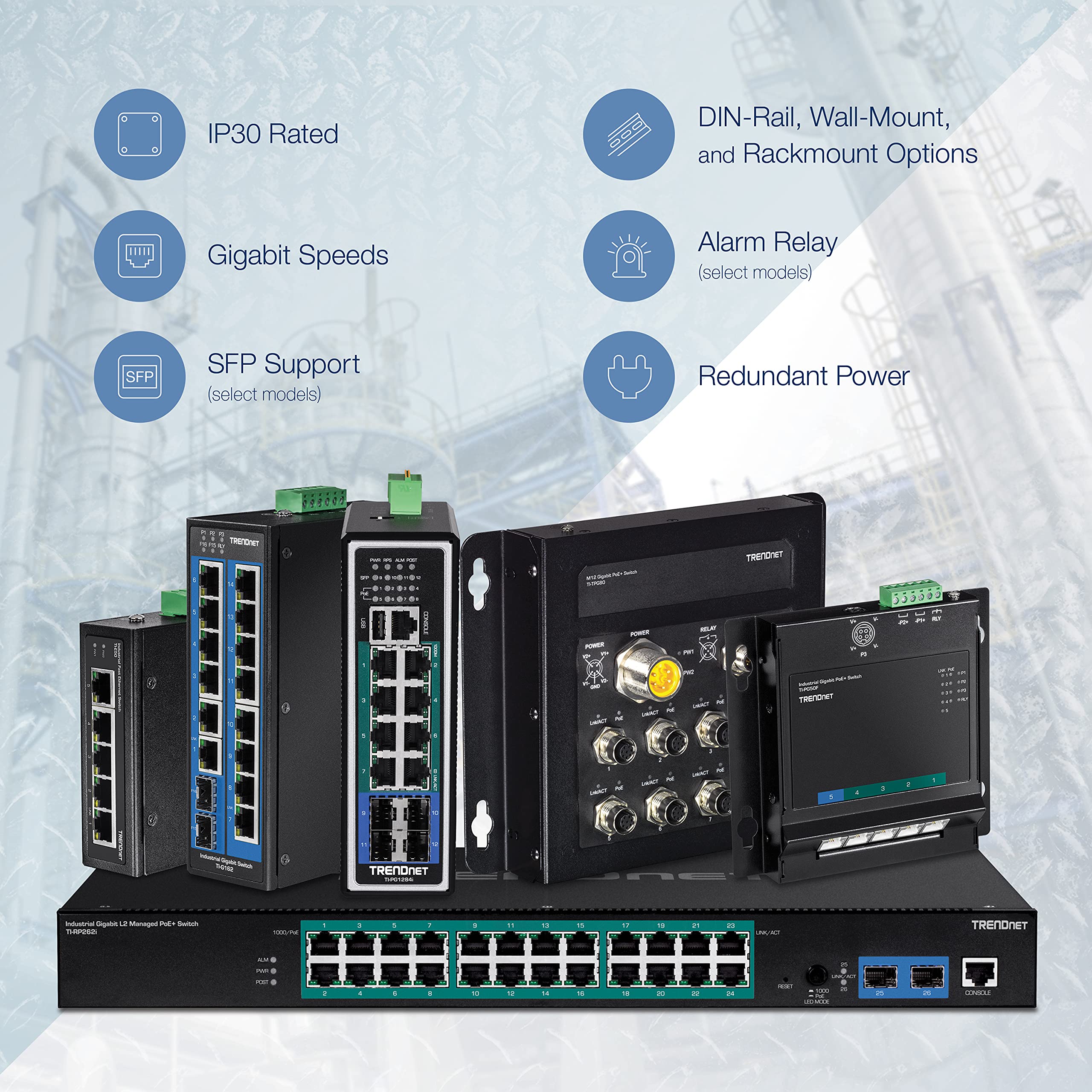 TRENDnet TI-PG80B 8-Port Industrial Gigabit PoE+ DIN-Rail Switch (24-56V) - Reliable Network Solution for Factory Automation, Security Cameras & IoT Devices