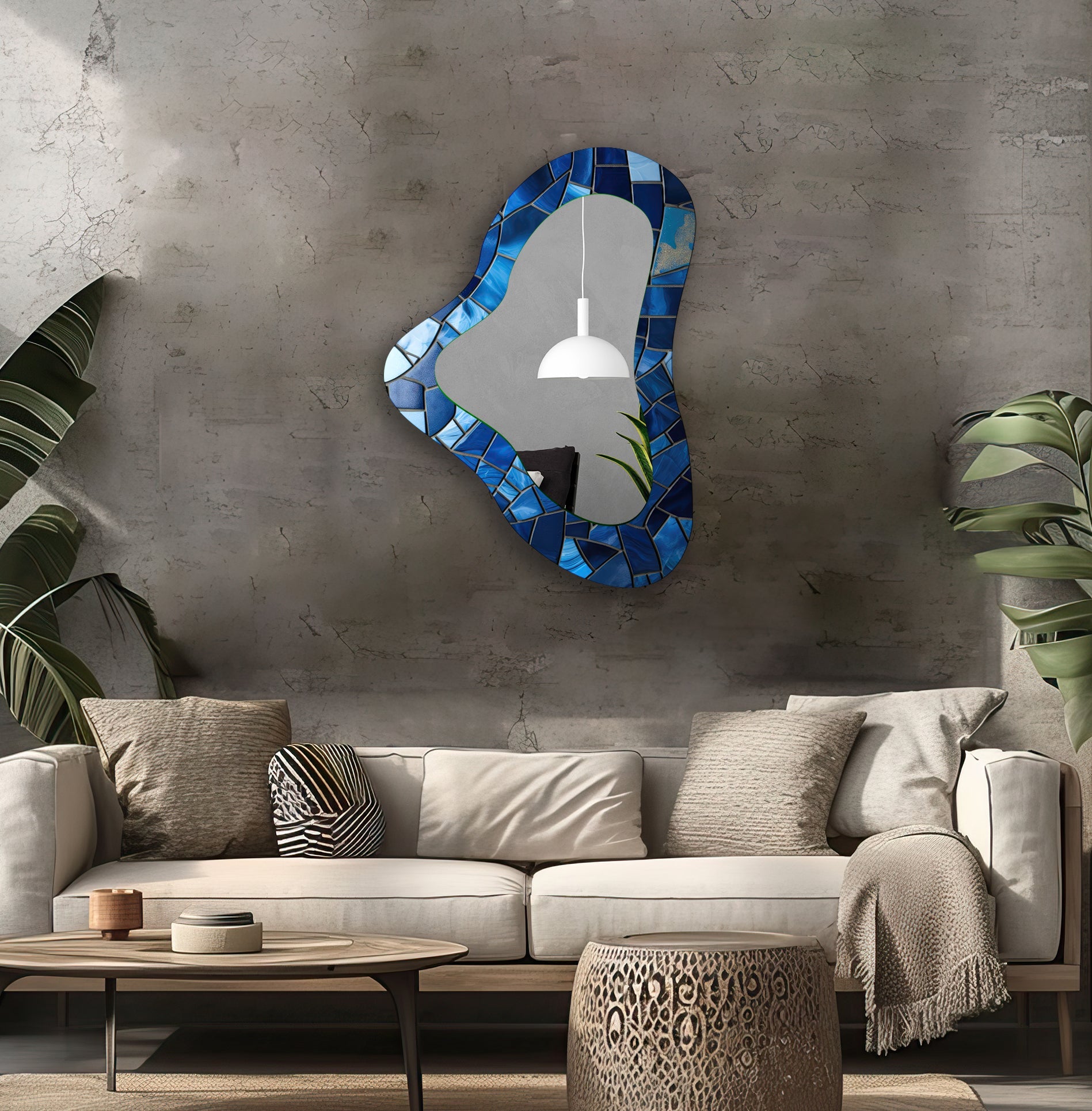 Blue Decorative Irregular Glass Wall Mirror - Modern Boho Home Decor for Living Room, Bedroom, or Entryway