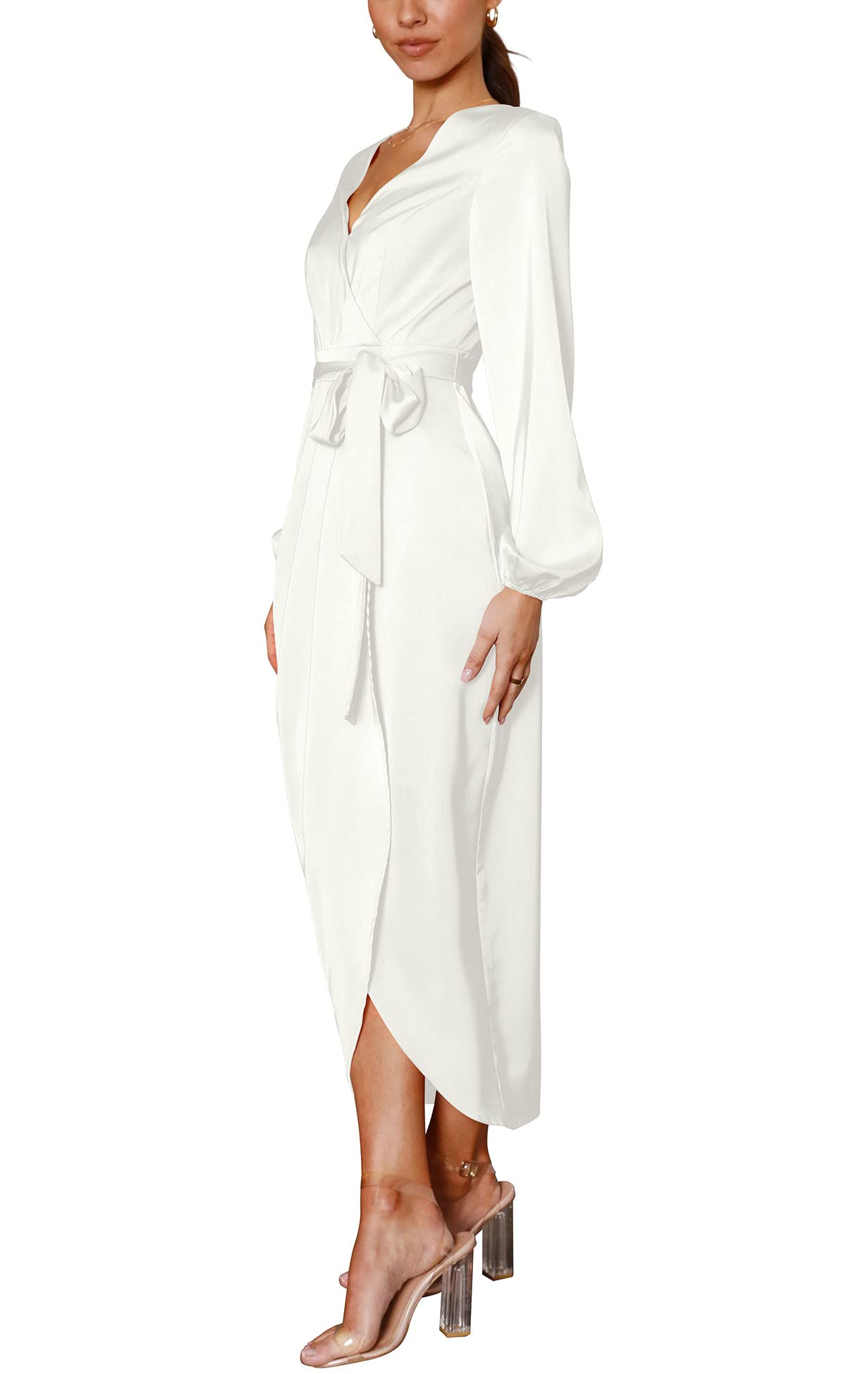 Women's Satin Deep V-Neck Long Sleeve Tie Waist Split Midi Dress - Elegant Evening Party, Cocktail, Wedding Guest & Date Night Outfit