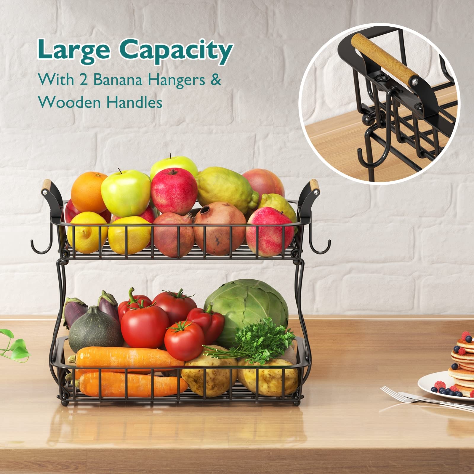 2-Tier Countertop Fruit Basket Bowl Storage with Two Banana Hangers and Wooden Handles - Black | Space-Saving Kitchen Organizer for Fruits, Vegetables & Snacks | Perfect for Countertop, Pantry or Dining Table Display