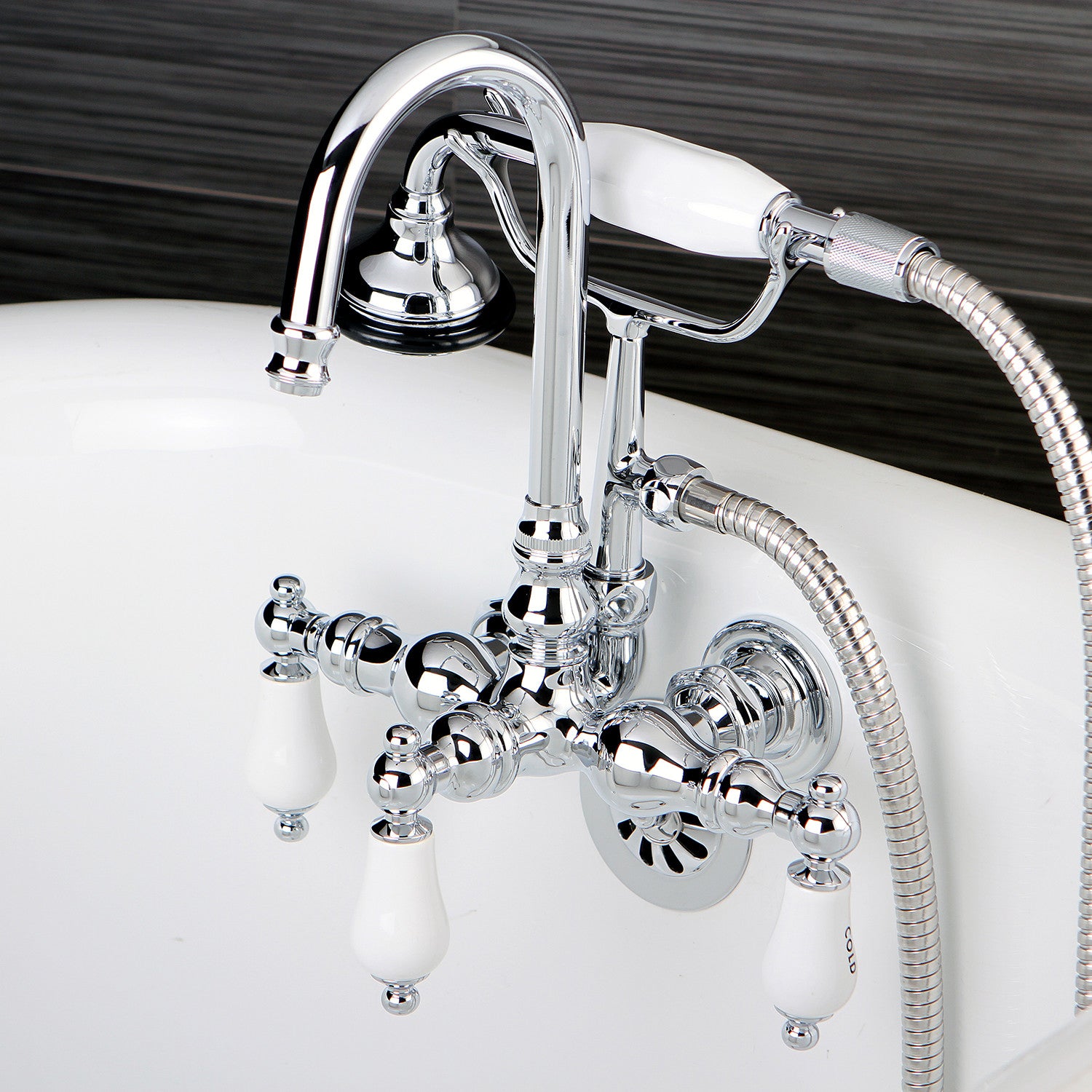 Vintage Clawfoot Tub Faucet with Hand Shower - 3 Handle 2 Hole Wall Mount Bathroom Fixture in Polished Chrome - Perfect for Classic Bathroom Renovations & Spa-Like Showers