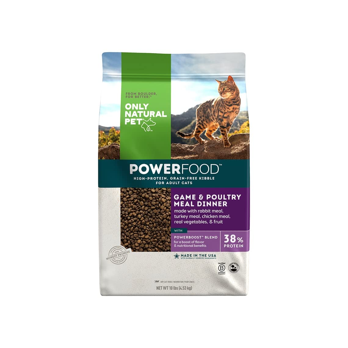 Only Natural Pet Powerfood Game & Poultry Meal Dinner - High Protein Grain-Free Dry Cat Food for Adult Cats, 10 Lb Bag - Supports Muscle Growth & Healthy Digestion for Indoor & Outdoor Cats