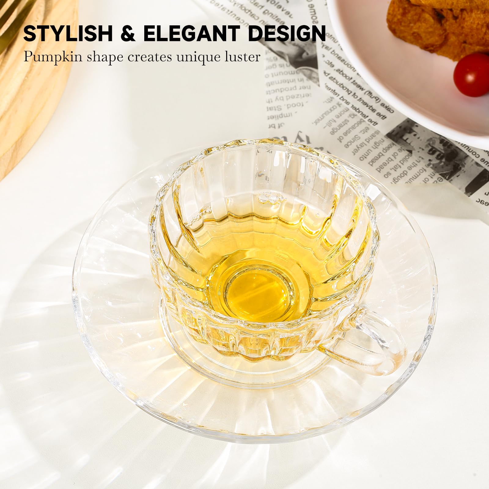 Premium 6-Piece Glass Tea Cup and Saucer Set with Stainless Steel Spoon - 6oz/180ml Clear Coffee Mugs for Espresso, Cappuccino, Latte, Tea & Juice - Dishwasher & Microwave Safe - Perfect for Home, Office, Cafe or Gift Giving