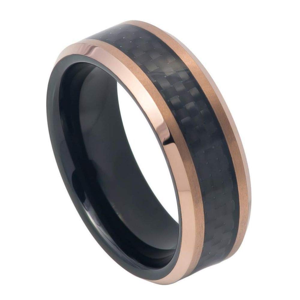 8mm Black & Rose Gold Tungsten Carbide Men's Wedding Band with Carbon Fiber Inlay - Comfort Fit Polished Anniversary Ring (Size 7.5) - Perfect for Weddings, Anniversaries & Everyday Wear