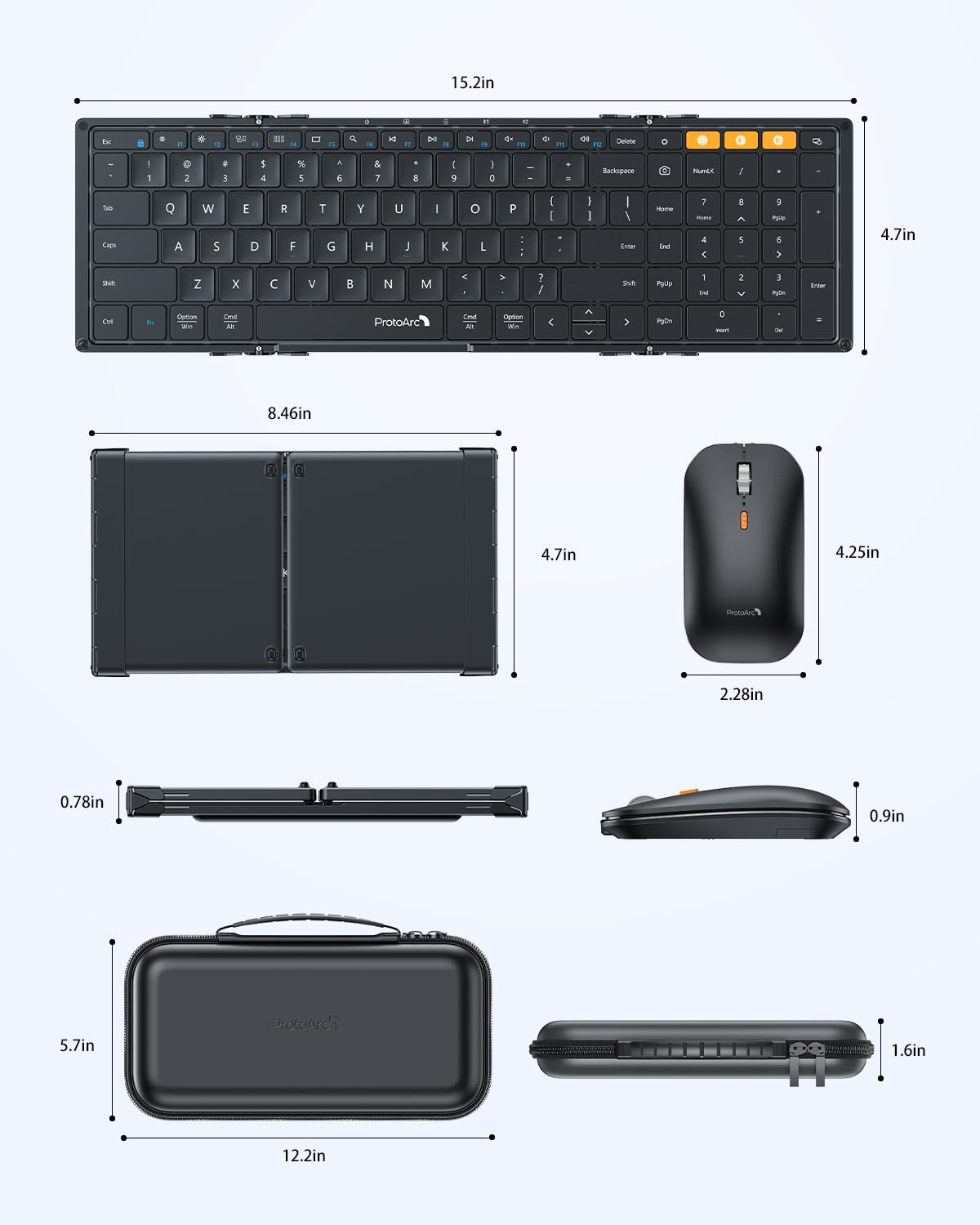 ProtoArc XKM01 Foldable Keyboard and Mouse Combo - Full-Size Wireless Keyboard with 2.4G & Dual Bluetooth for Laptop, iPad, Tablet - Portable Travel & Business Keyboard for Office, Home, Coffee Shop (Black)