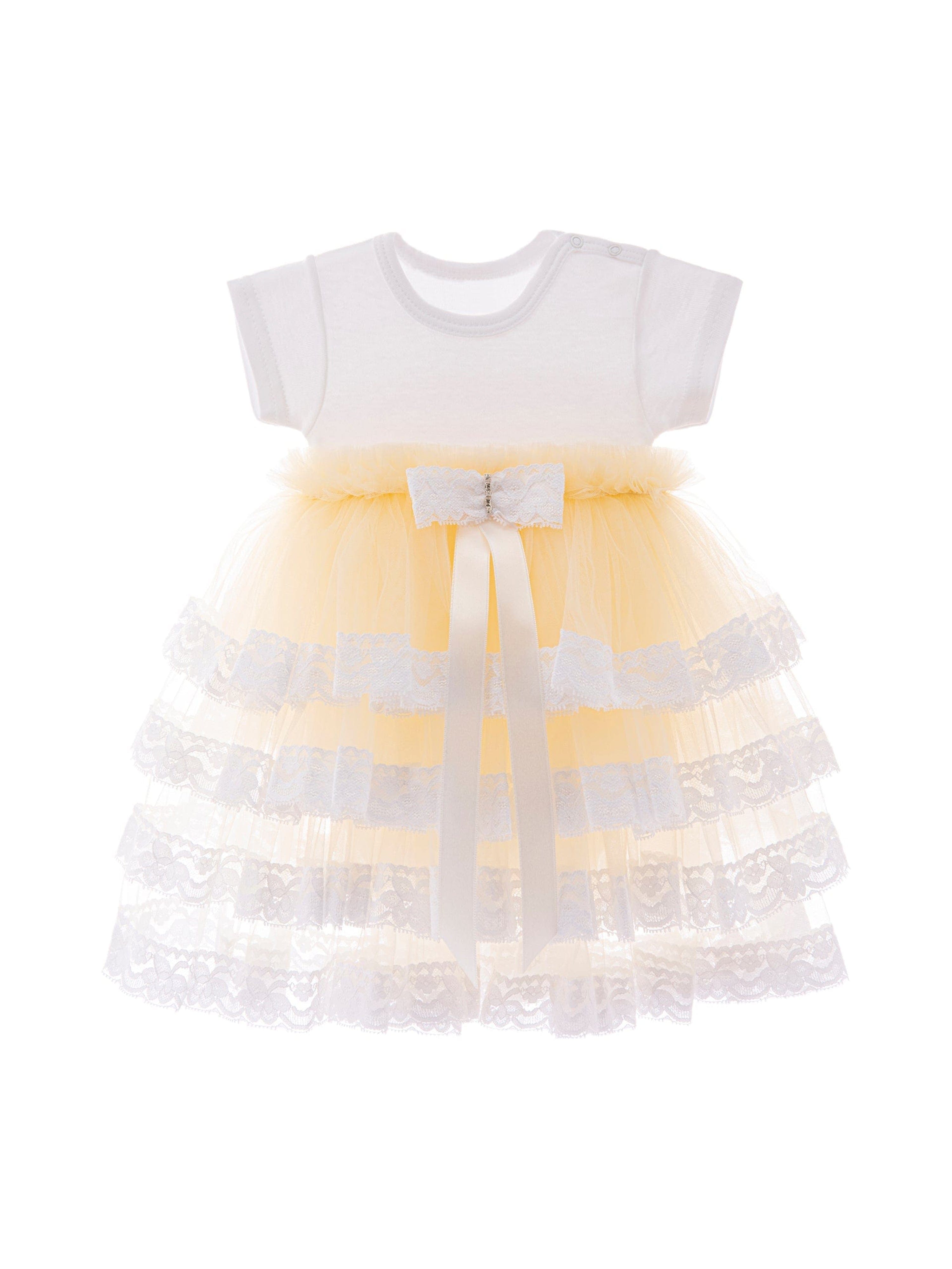 Beige Bella Vina Ruffle Baby Girl Dress - Soft Cotton Infant Romper for Newborn Photoshoot, Christening & Special Occasions