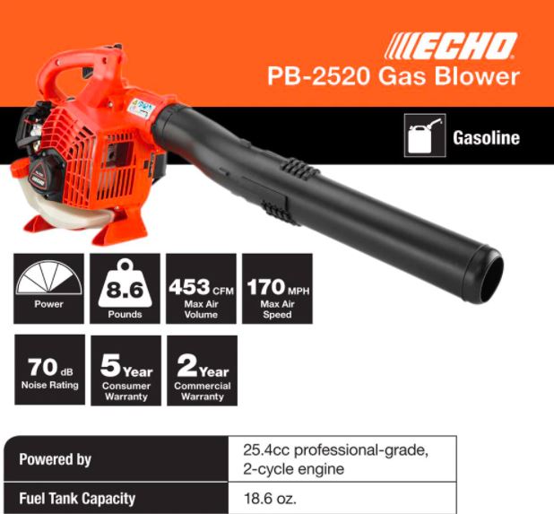 ECHO PB 2520 Gas-Powered Handheld Leaf Blower - 25.4cc 2-Stroke Engine, 150 MPH Air Speed - Perfect for Yard Cleanup, Lawn Maintenance & Leaf Removal