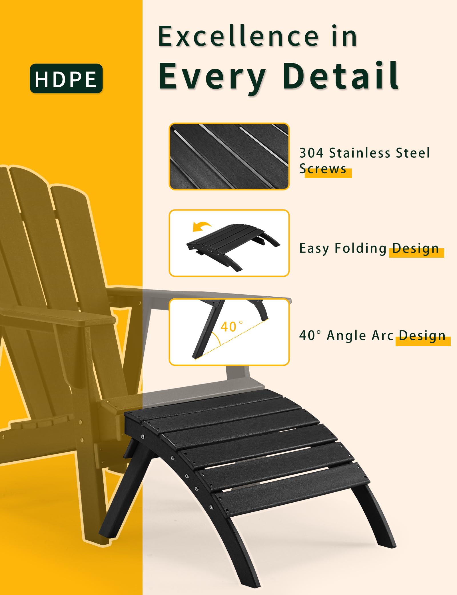 Premium Folding Adirondack Ottoman - All-Weather HDPE Outdoor Footrest for Adirondack Chairs | Patio, Backyard & Garden Decor | Space-Saving Storage Solution (Black) | Perfect for Relaxing by the Pool or Fire Pit