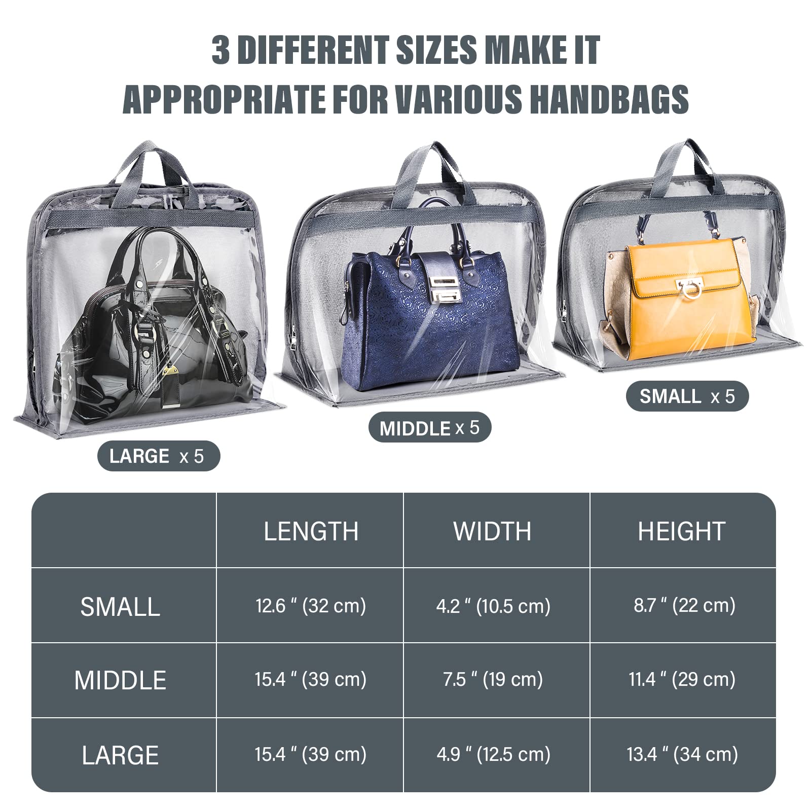 15 Pcs Clear Dustproof Handbag Storage Organizer with Zipper & Handles - 3 Sizes (5 Each) for Purse Closet Organization | Perfect for Travel, Home & Office Storage (Gray)